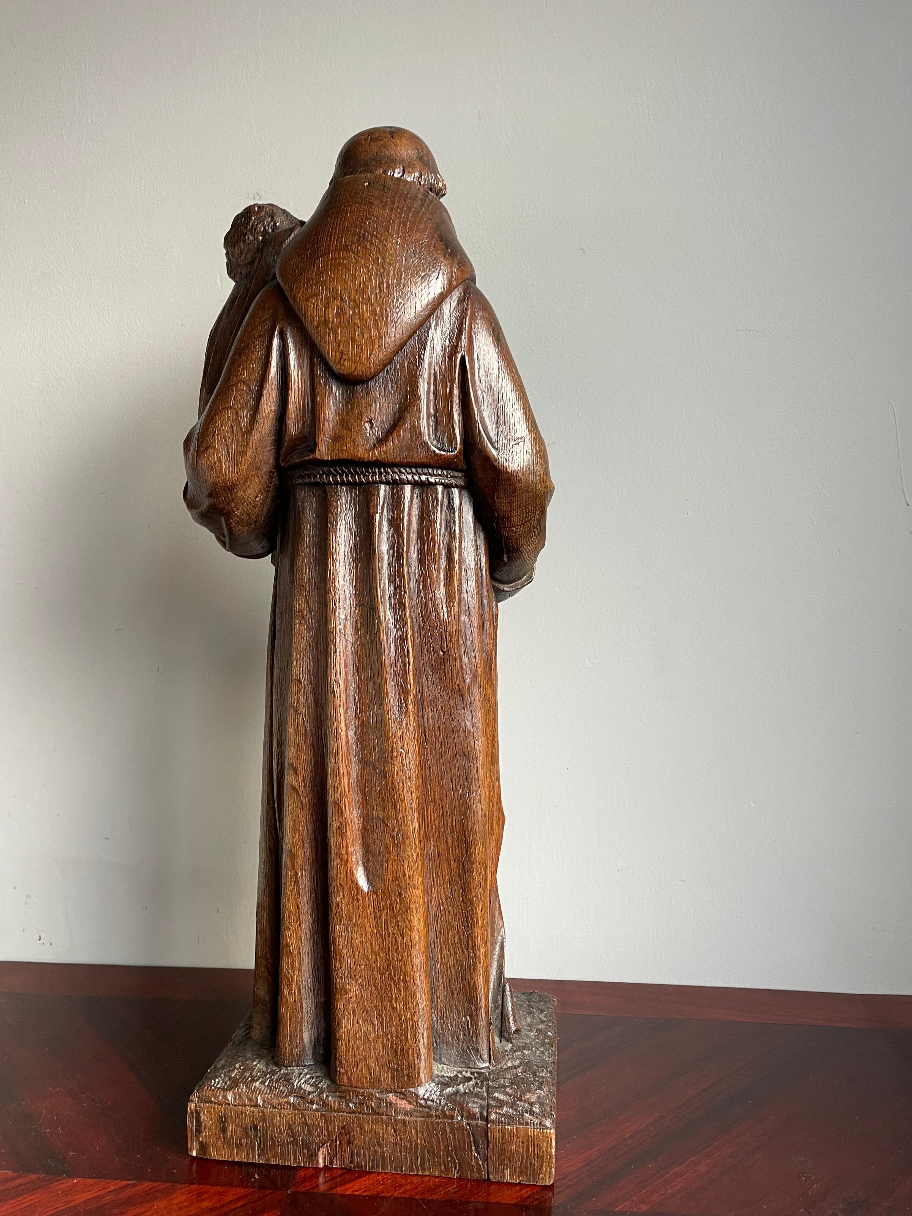 Antique Late 1800s Saint Anthony of Padua with Child Sculpture, Hand Carved Oak For Sale 3