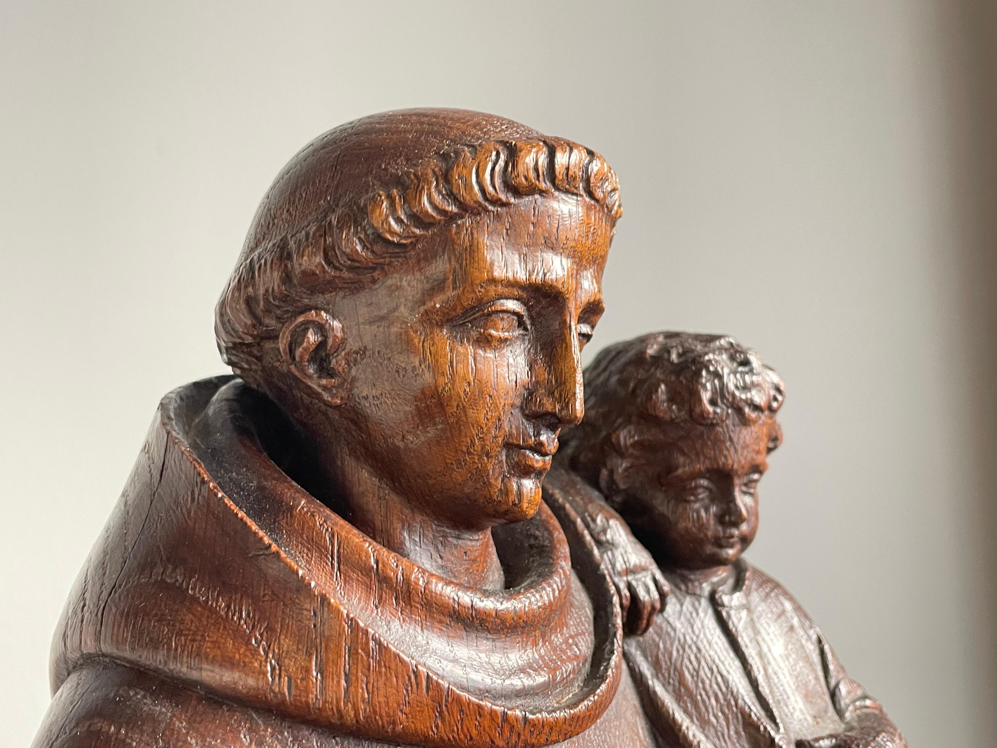 Antique Late 1800s Saint Anthony of Padua with Child Sculpture, Hand Carved Oak For Sale 4