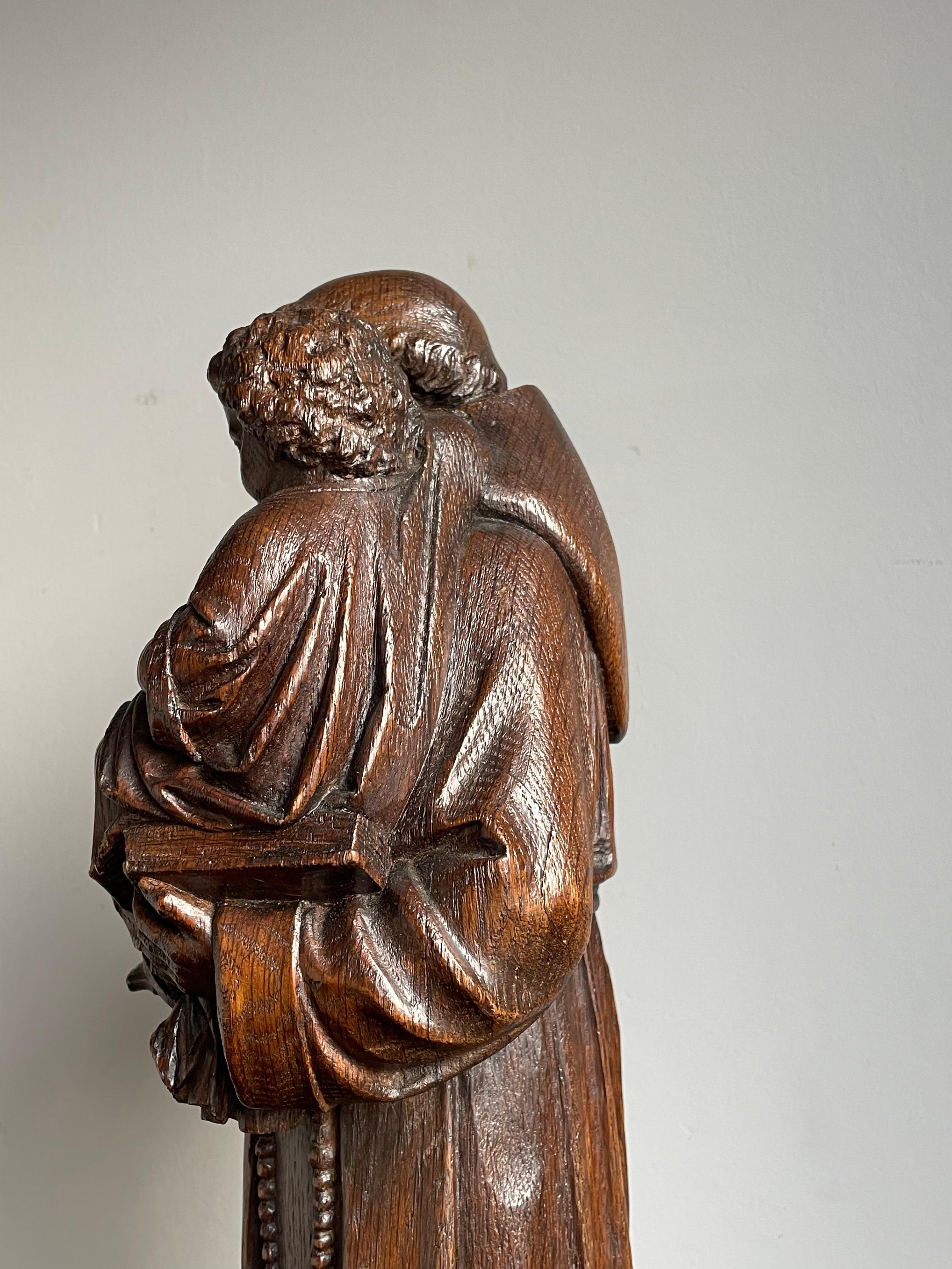 Antique Late 1800s Saint Anthony of Padua with Child Sculpture, Hand Carved Oak For Sale 6