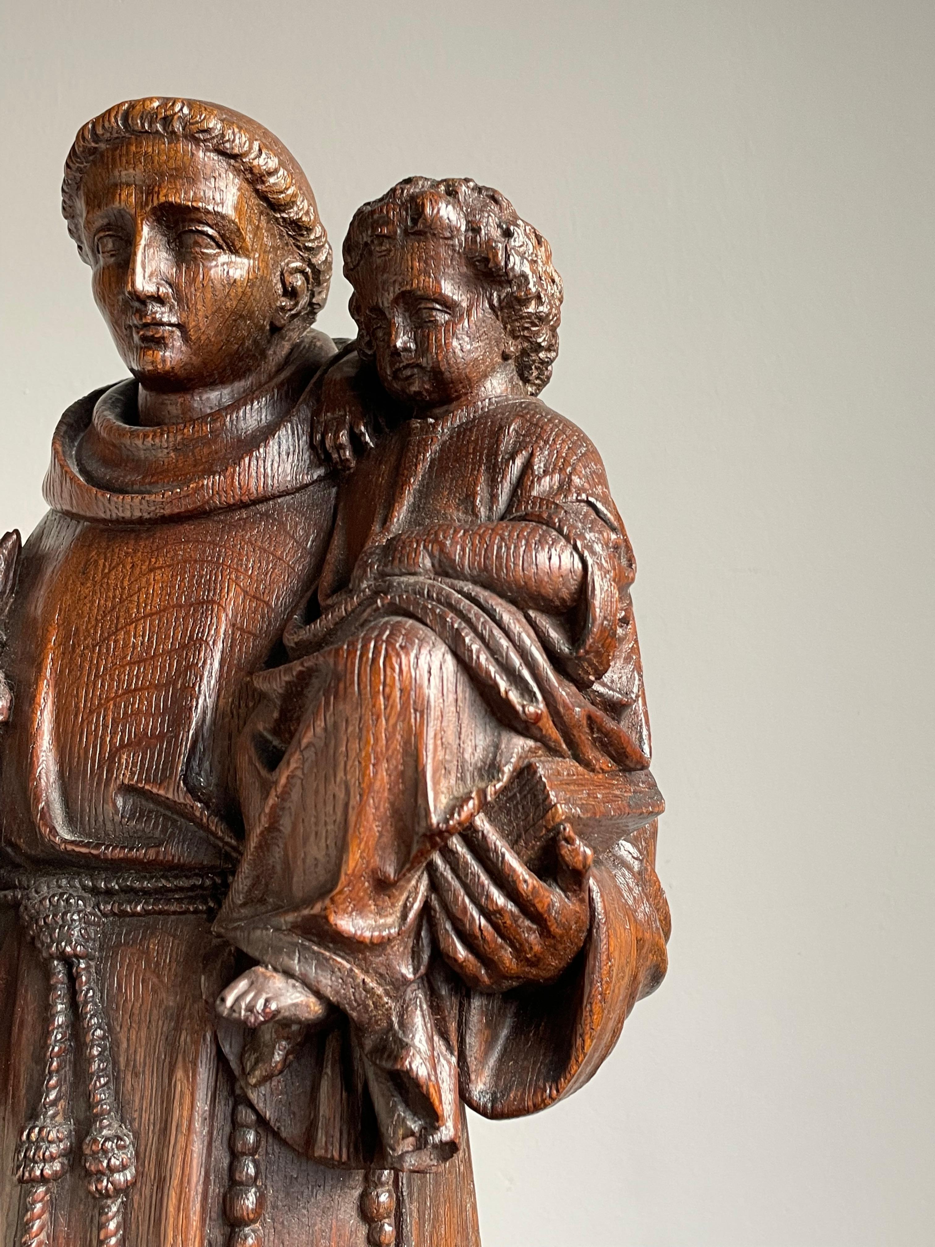 Antique Late 1800s Saint Anthony of Padua with Child Sculpture, Hand Carved Oak For Sale 8