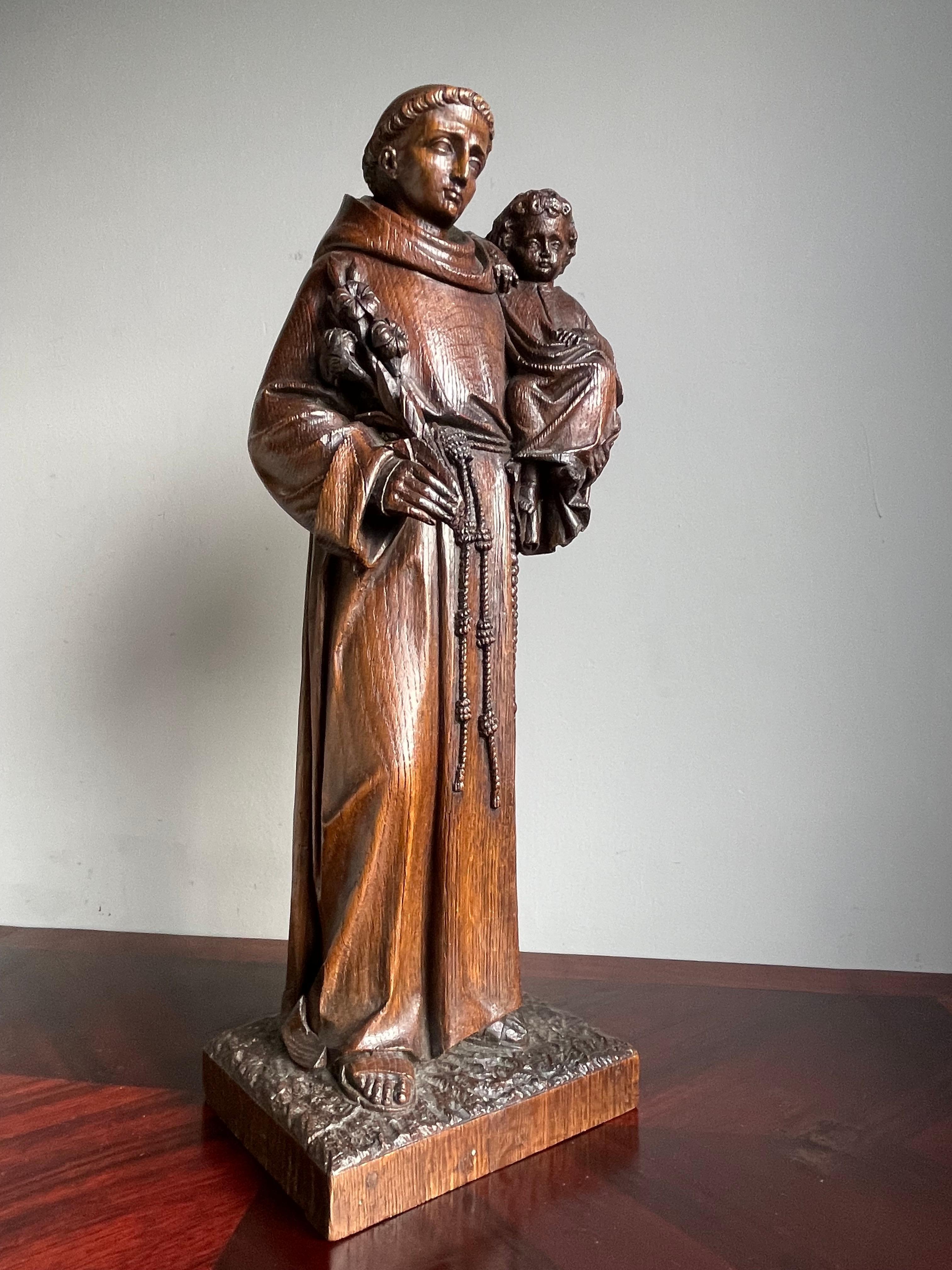 Antique Late 1800s Saint Anthony of Padua with Child Sculpture, Hand Carved Oak For Sale 11