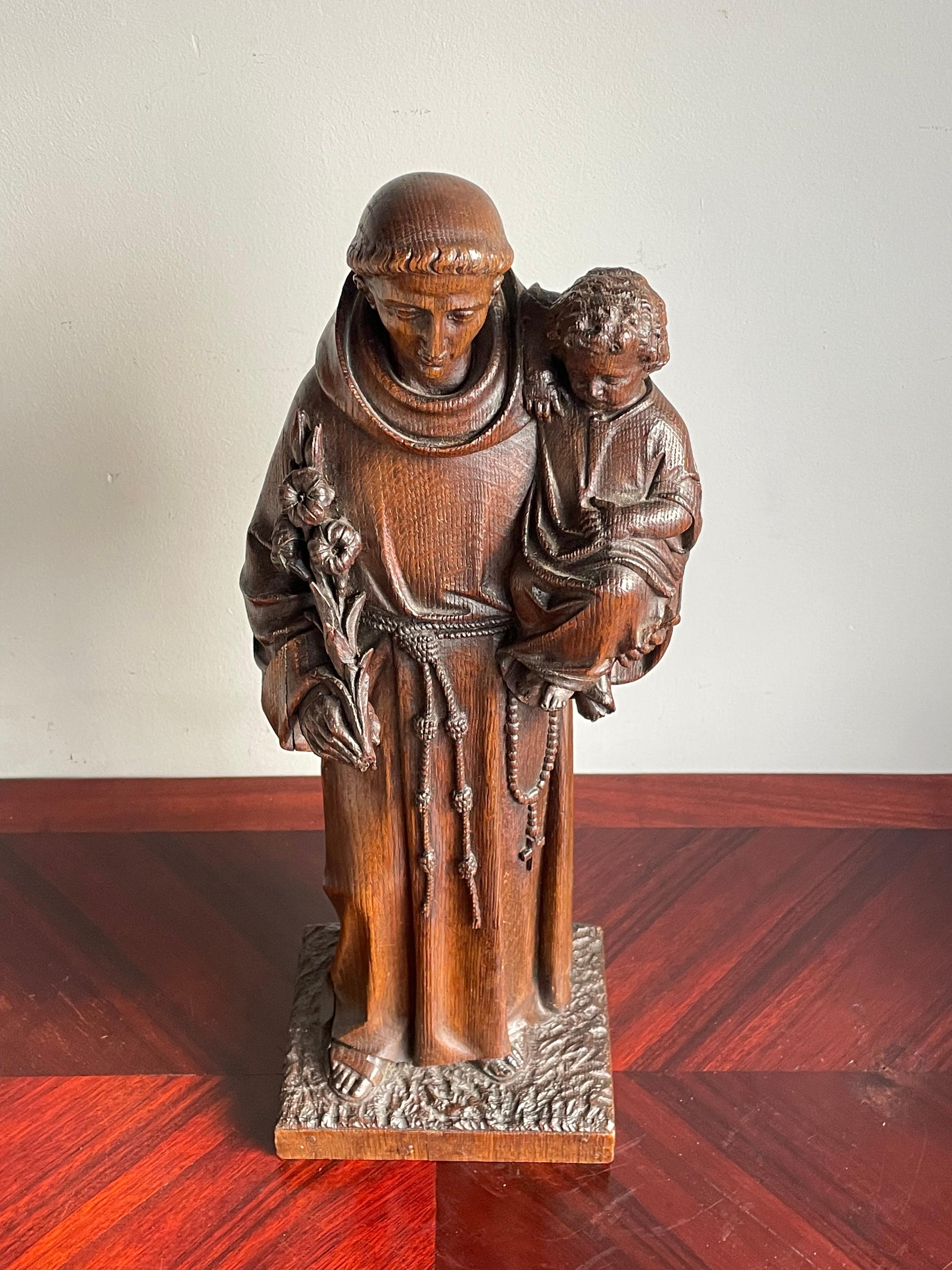 Antique Late 1800s Saint Anthony of Padua with Child Sculpture, Hand Carved Oak For Sale 12