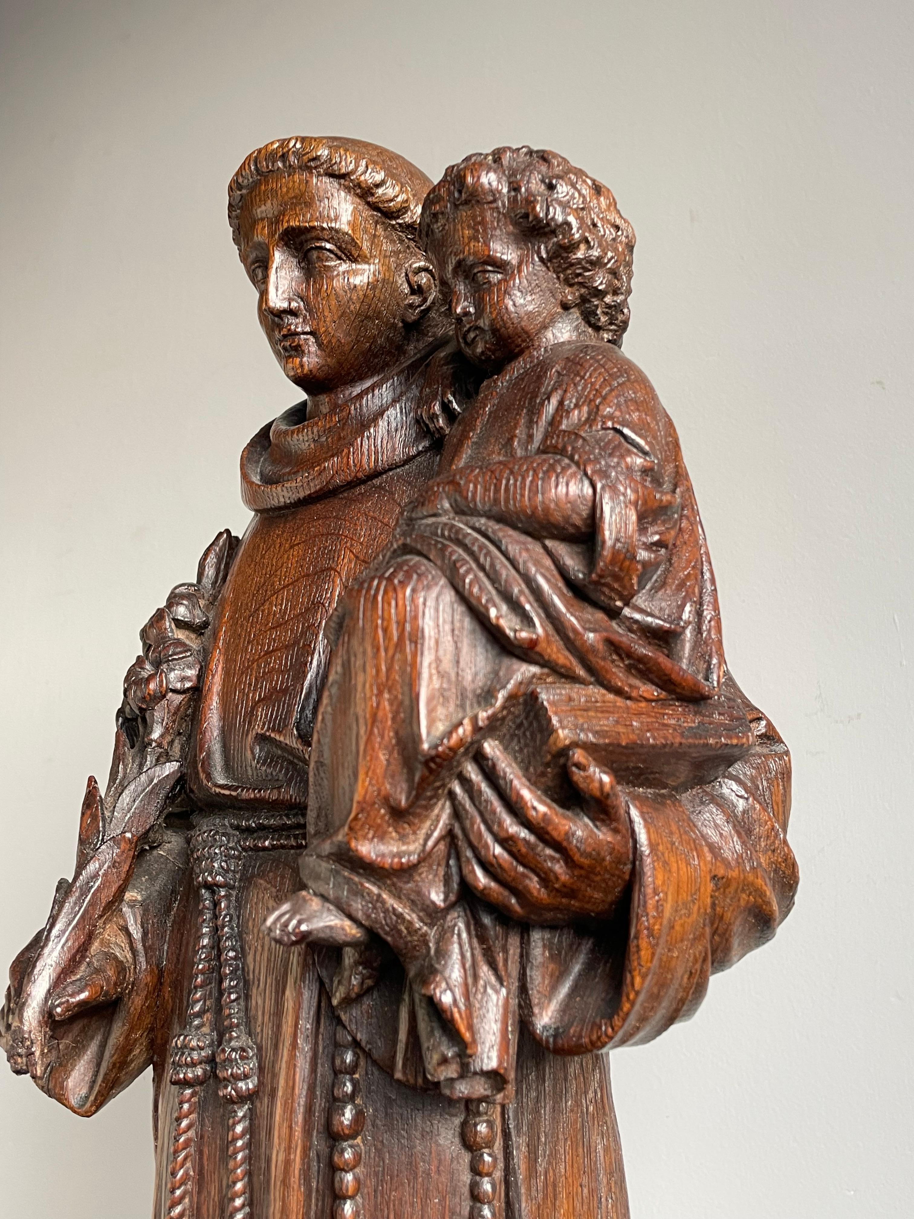 Renaissance Revival Antique Late 1800s Saint Anthony of Padua with Child Sculpture, Hand Carved Oak For Sale