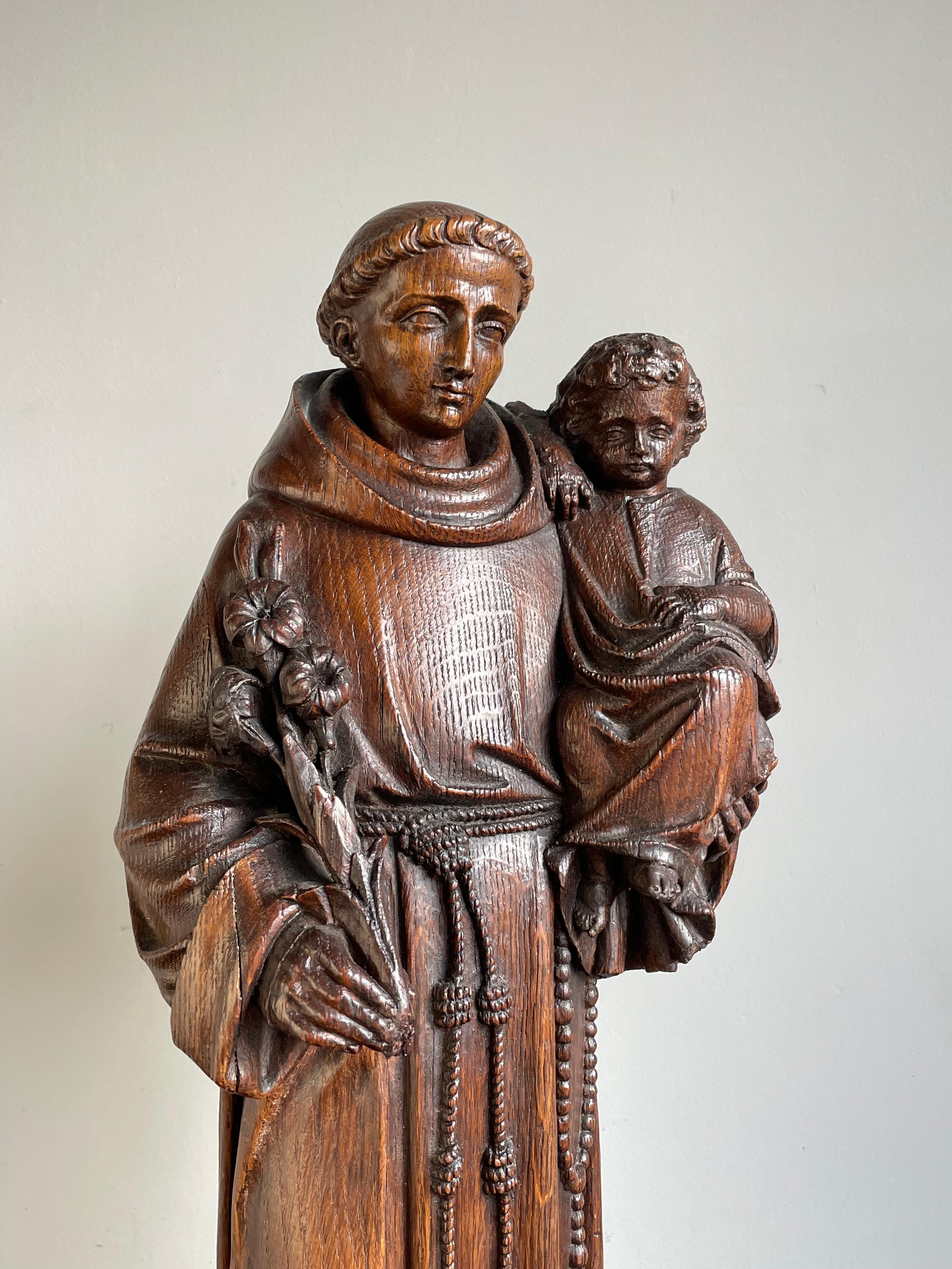 European Antique Late 1800s Saint Anthony of Padua with Child Sculpture, Hand Carved Oak For Sale