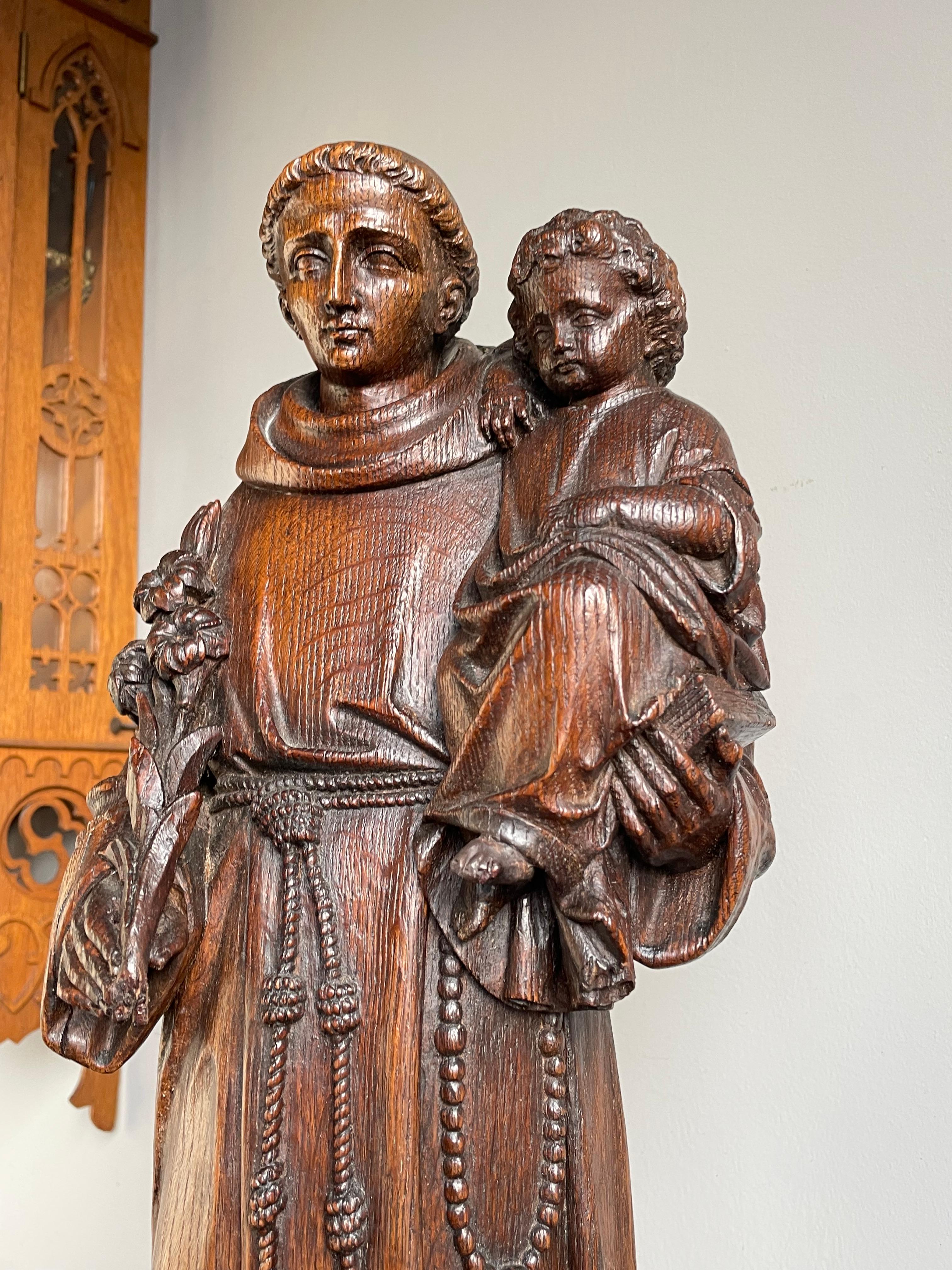 Hand-Carved Antique Late 1800s Saint Anthony of Padua with Child Sculpture, Hand Carved Oak For Sale