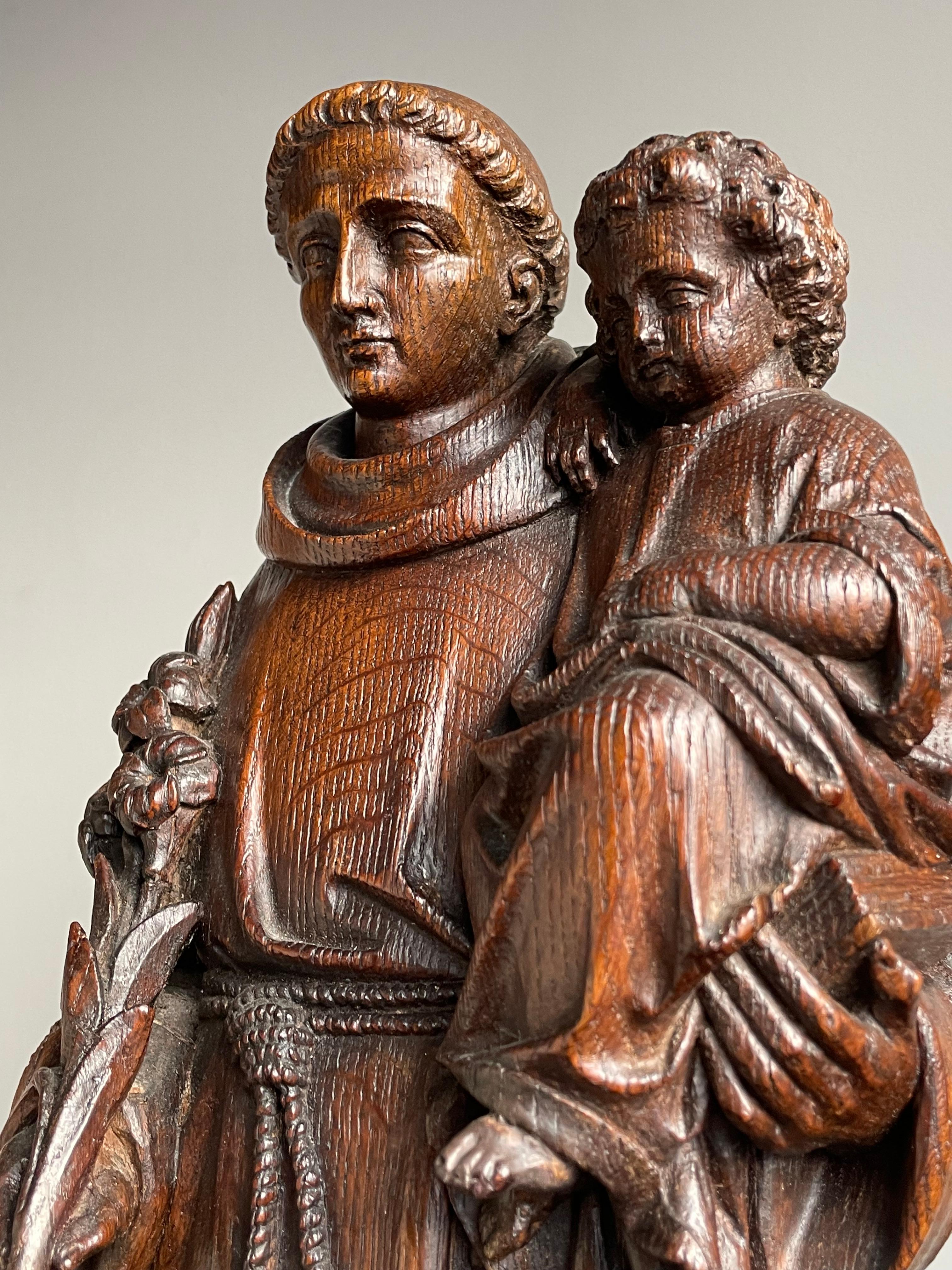 Antique Late 1800s Saint Anthony of Padua with Child Sculpture, Hand Carved Oak In Good Condition For Sale In Lisse, NL