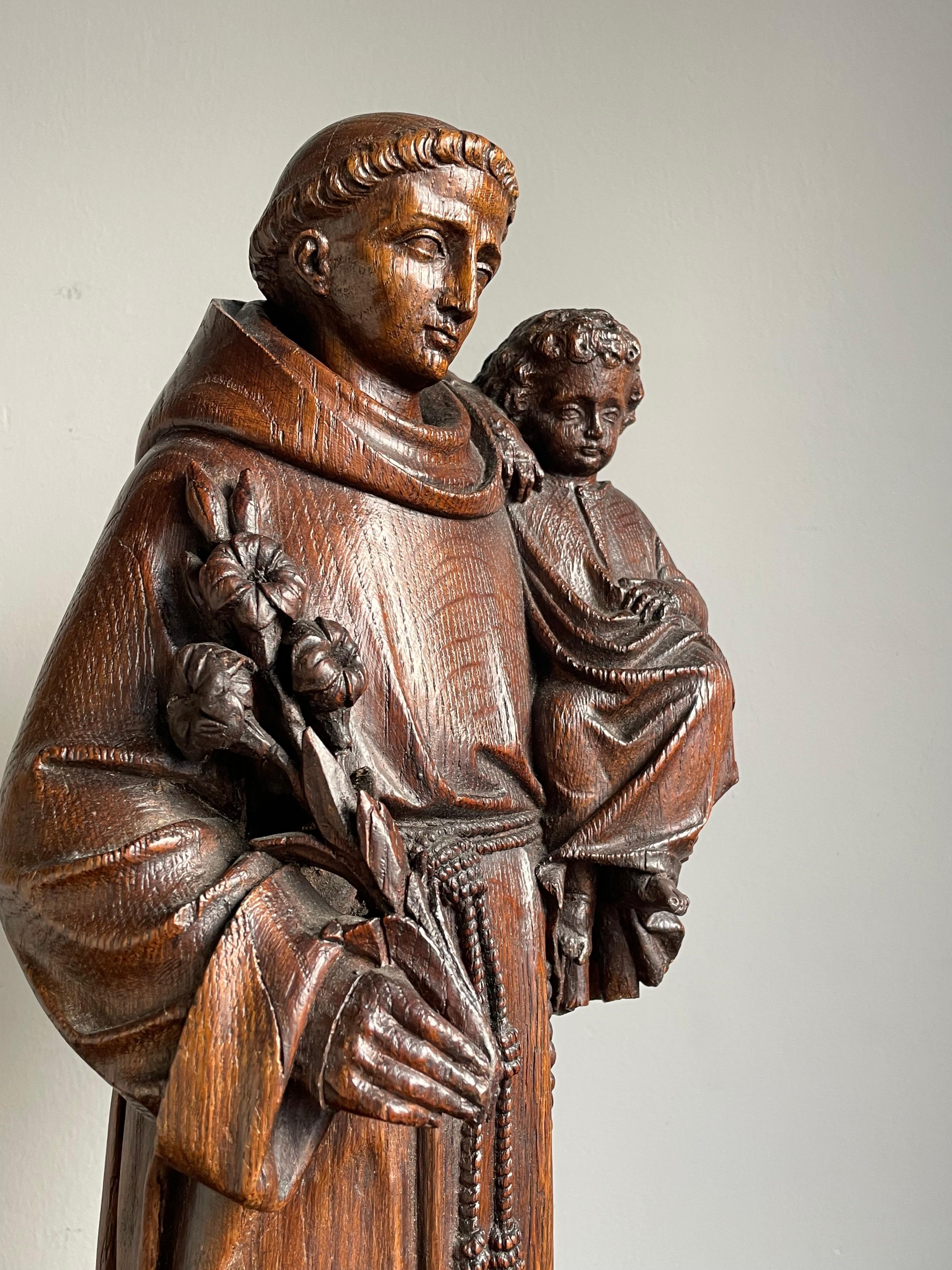 19th Century Antique Late 1800s Saint Anthony of Padua with Child Sculpture, Hand Carved Oak For Sale