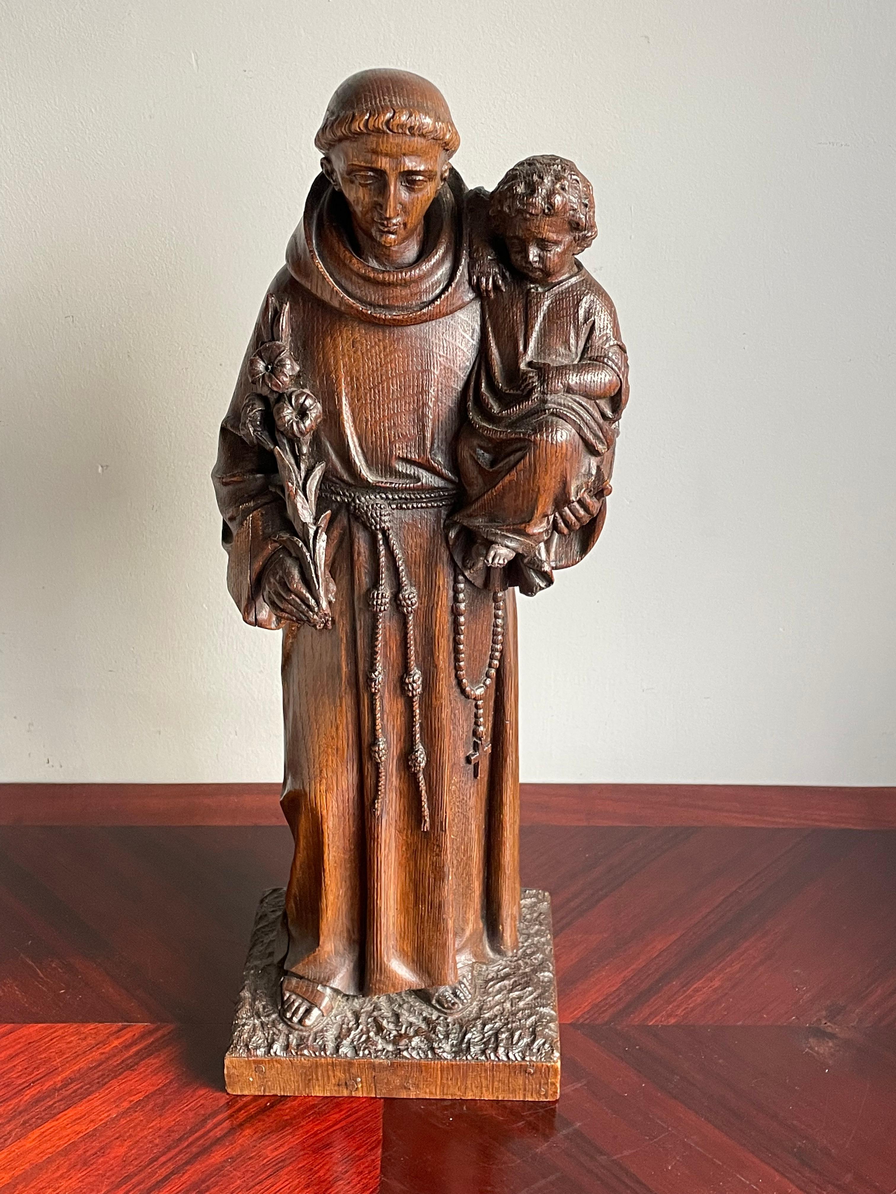 Antique Late 1800s Saint Anthony of Padua with Child Sculpture, Hand Carved Oak For Sale 1