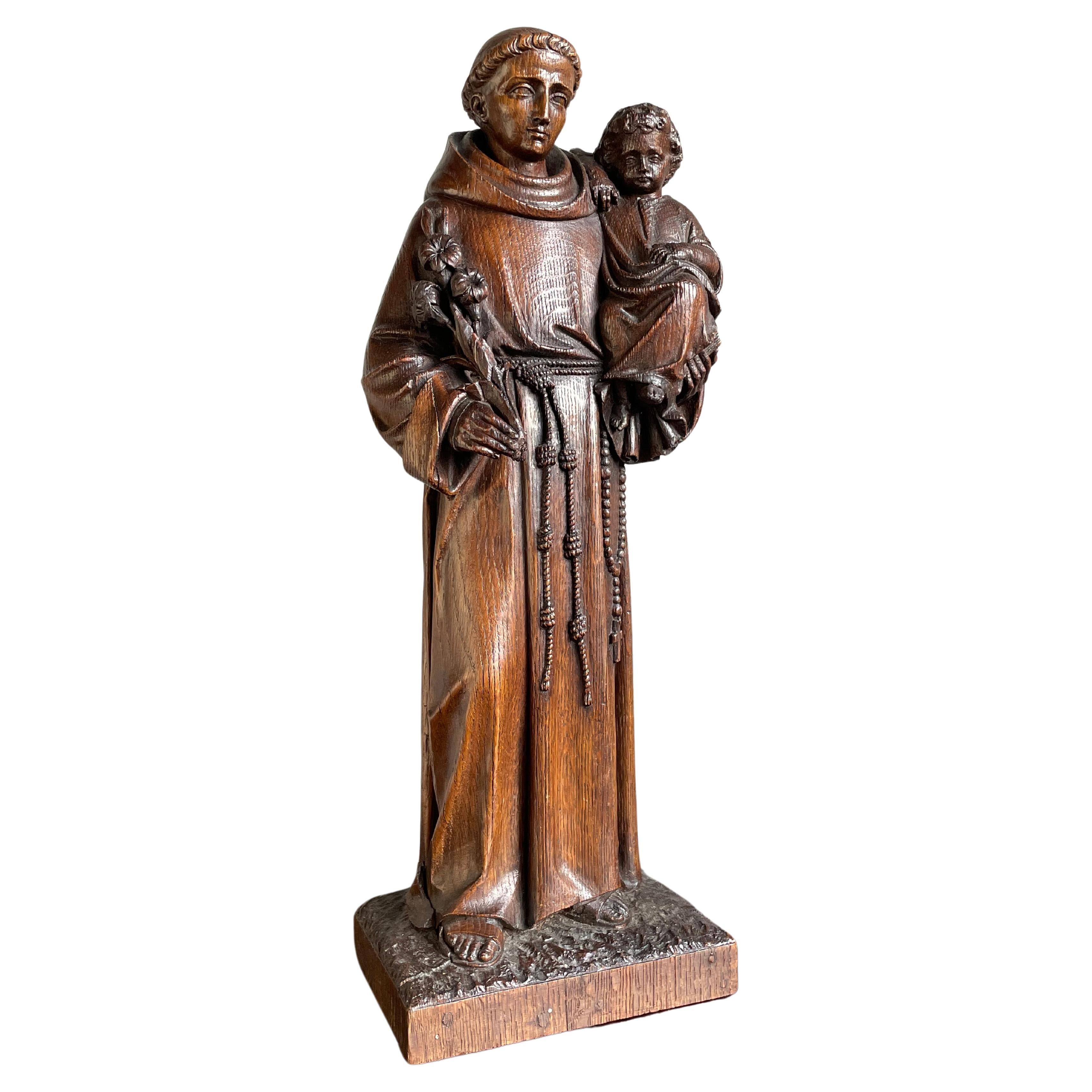 Antique Late 1800s Saint Anthony of Padua with Child Sculpture, Hand Carved Oak For Sale