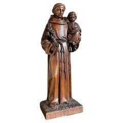 Vintage Late 1800s Saint Anthony of Padua with Child Sculpture, Hand Carved Oak