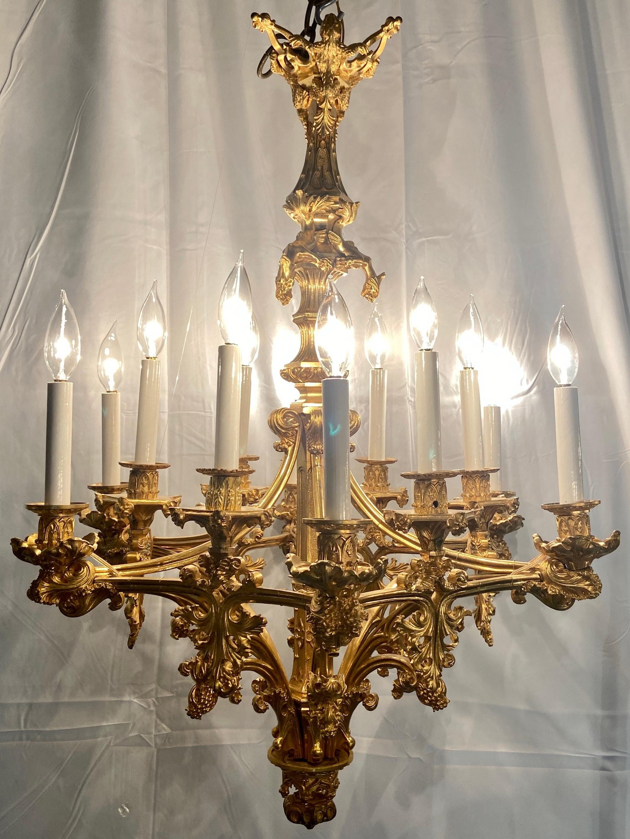 Antique late 18th century French Gothic gilt bronze chandelier.
