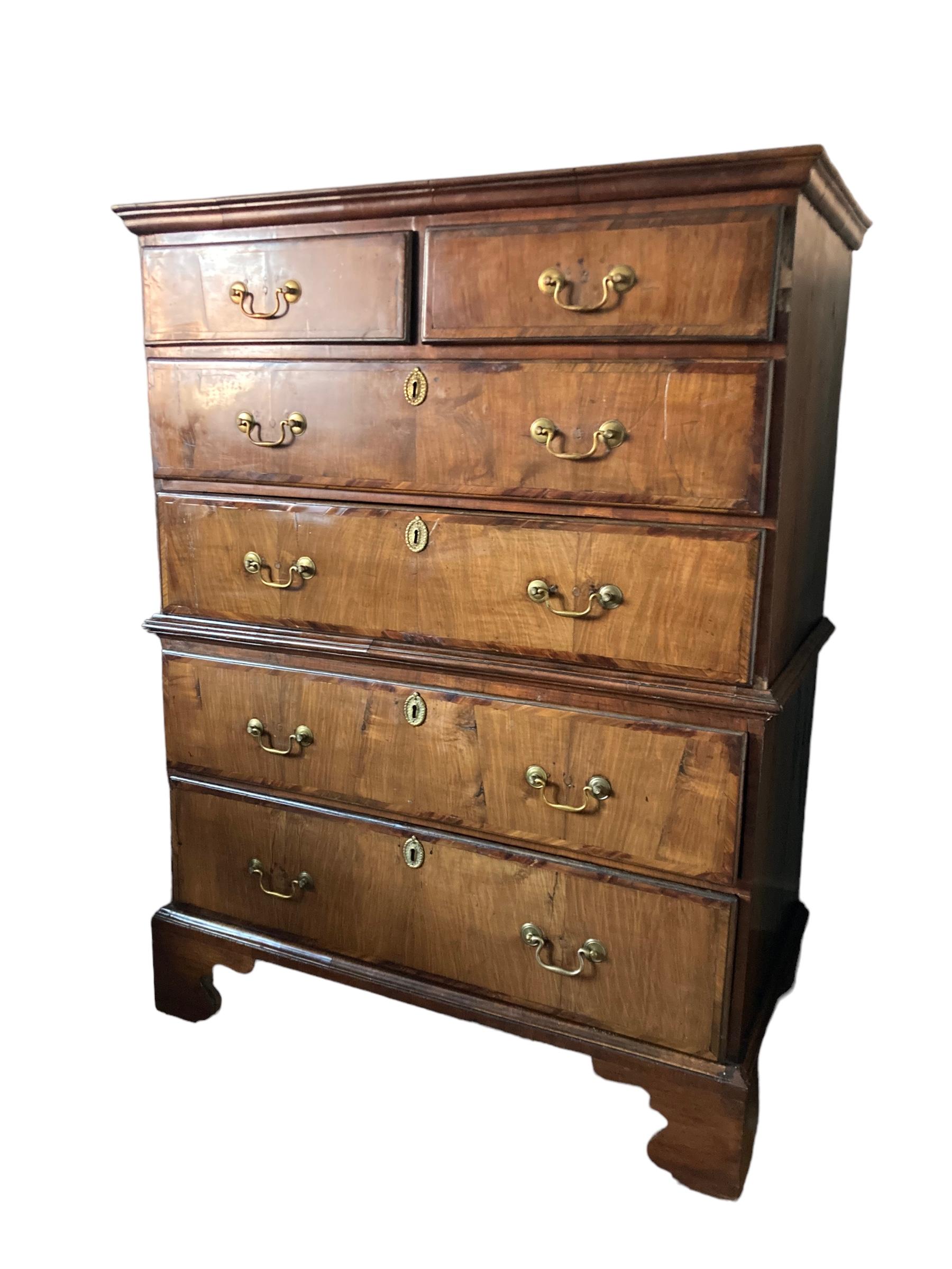 Antique Late 18th Century George III Walnut Chest on Chest. Four over Two Graduated Large drawers. Brass handle and key holes. Very good condition. This wonderful piece, over 200 years old has imposing character with the practicality of a large item