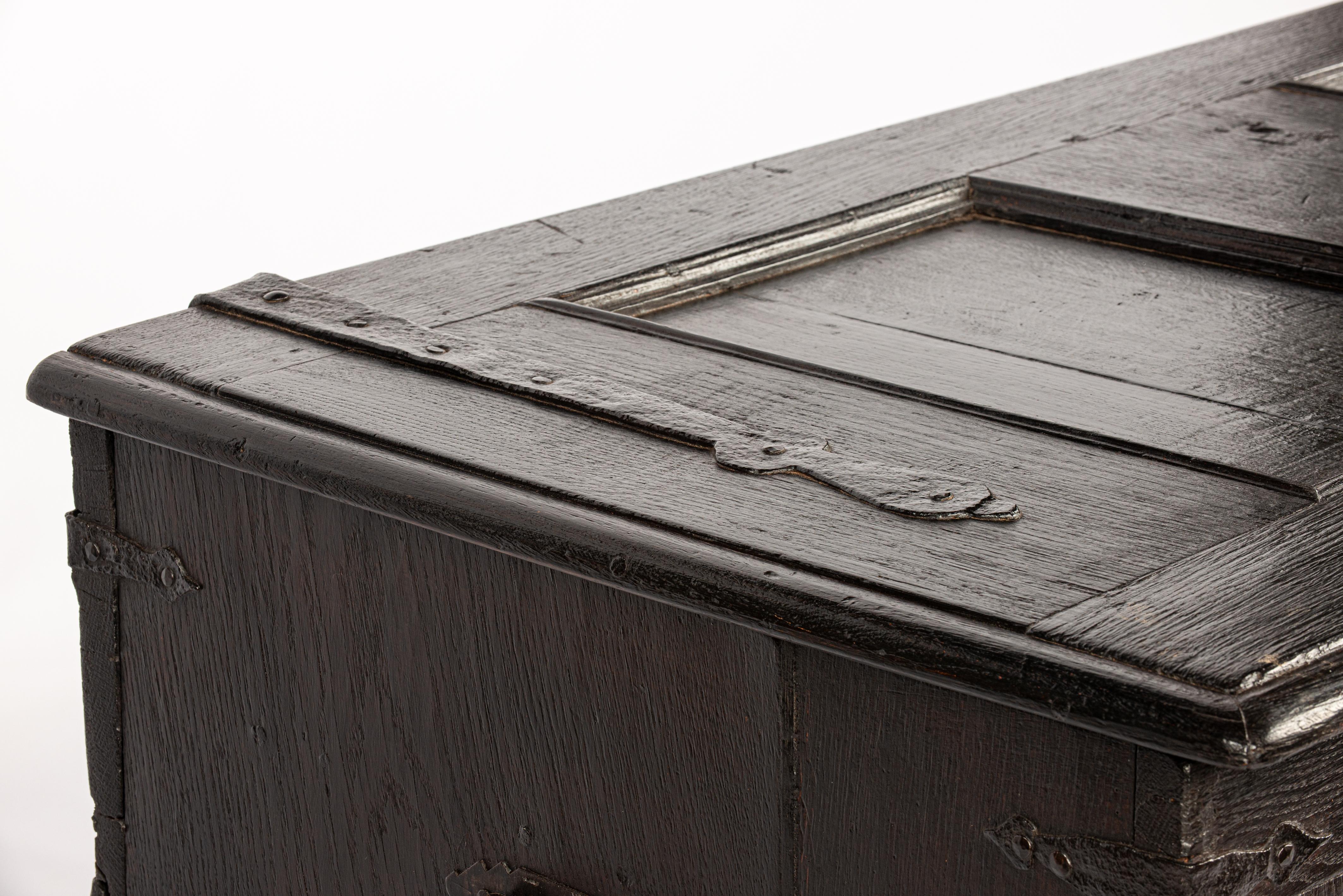  Antique late 18th century German Solid black Oak panelled trunk or coffer For Sale 9