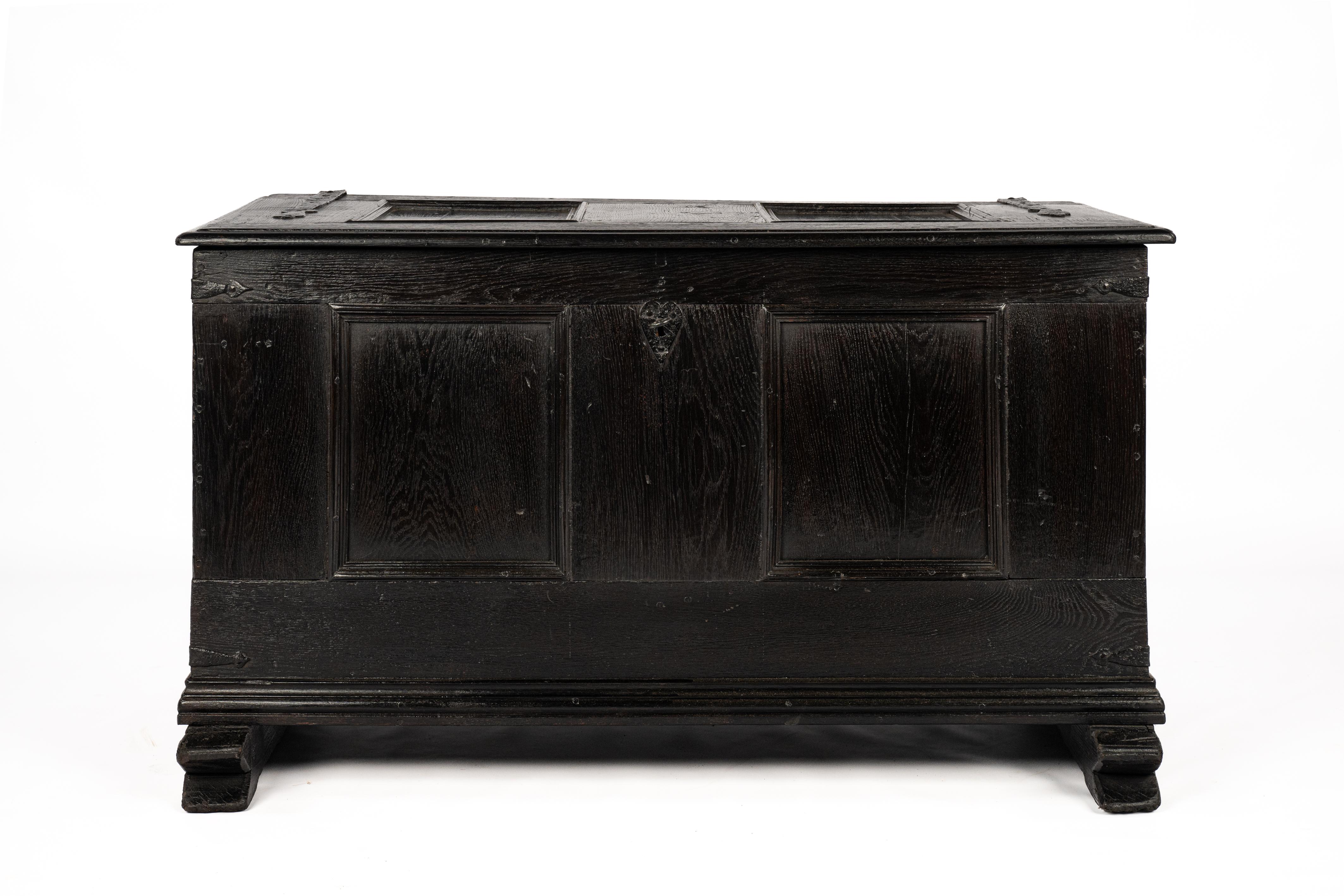 This exquisite chest was crafted in Germany in the latter half of the 18th century. Both the lid and the front of the chest feature two flat recessed panels surrounded by a subtle frame. The chest rests on two elongated feet which were securely