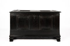 Antique late 18th century German Solid black Oak panelled trunk or coffer