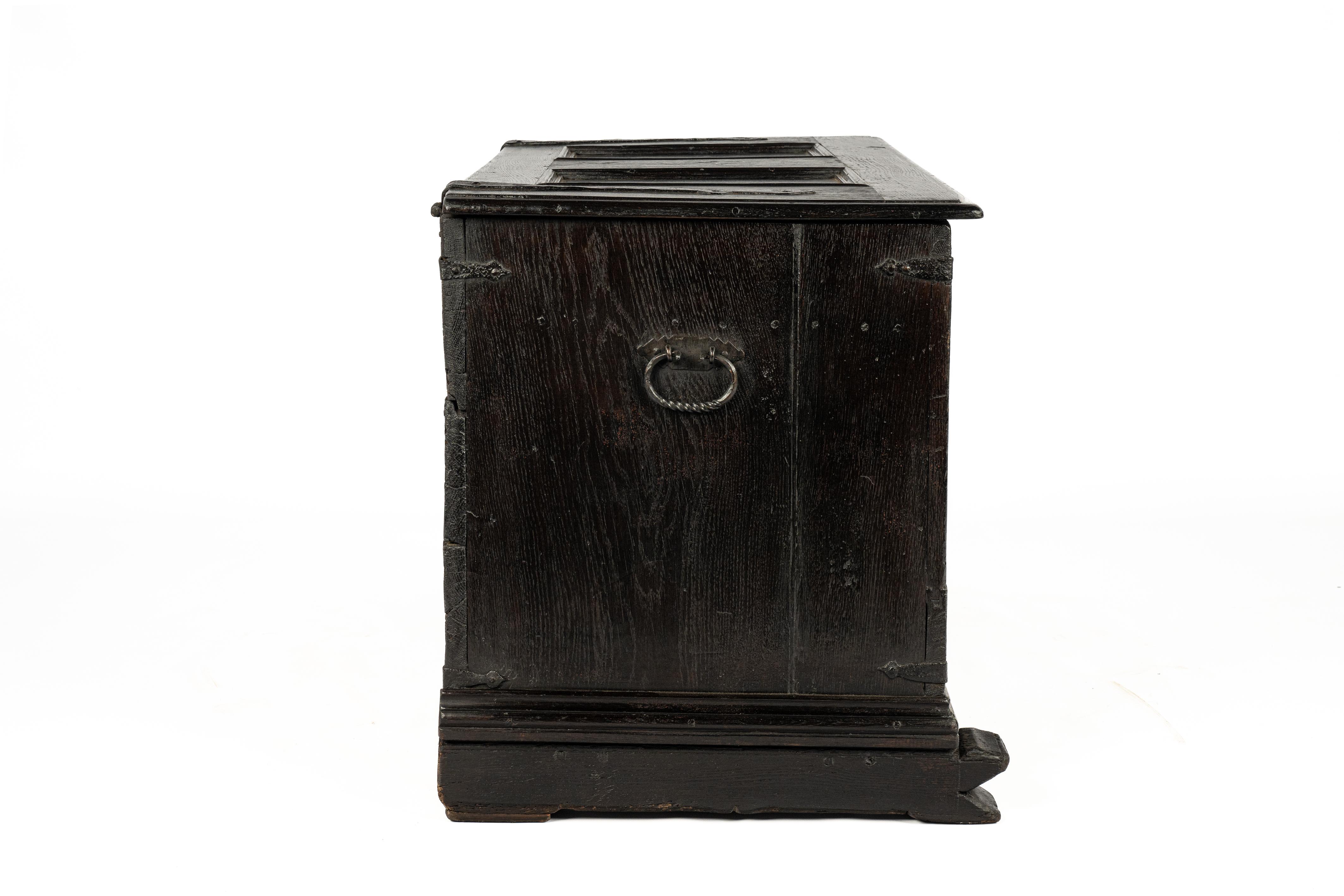 Baroque  Antique late 18th century German Solid black Oak panelled trunk or coffer For Sale