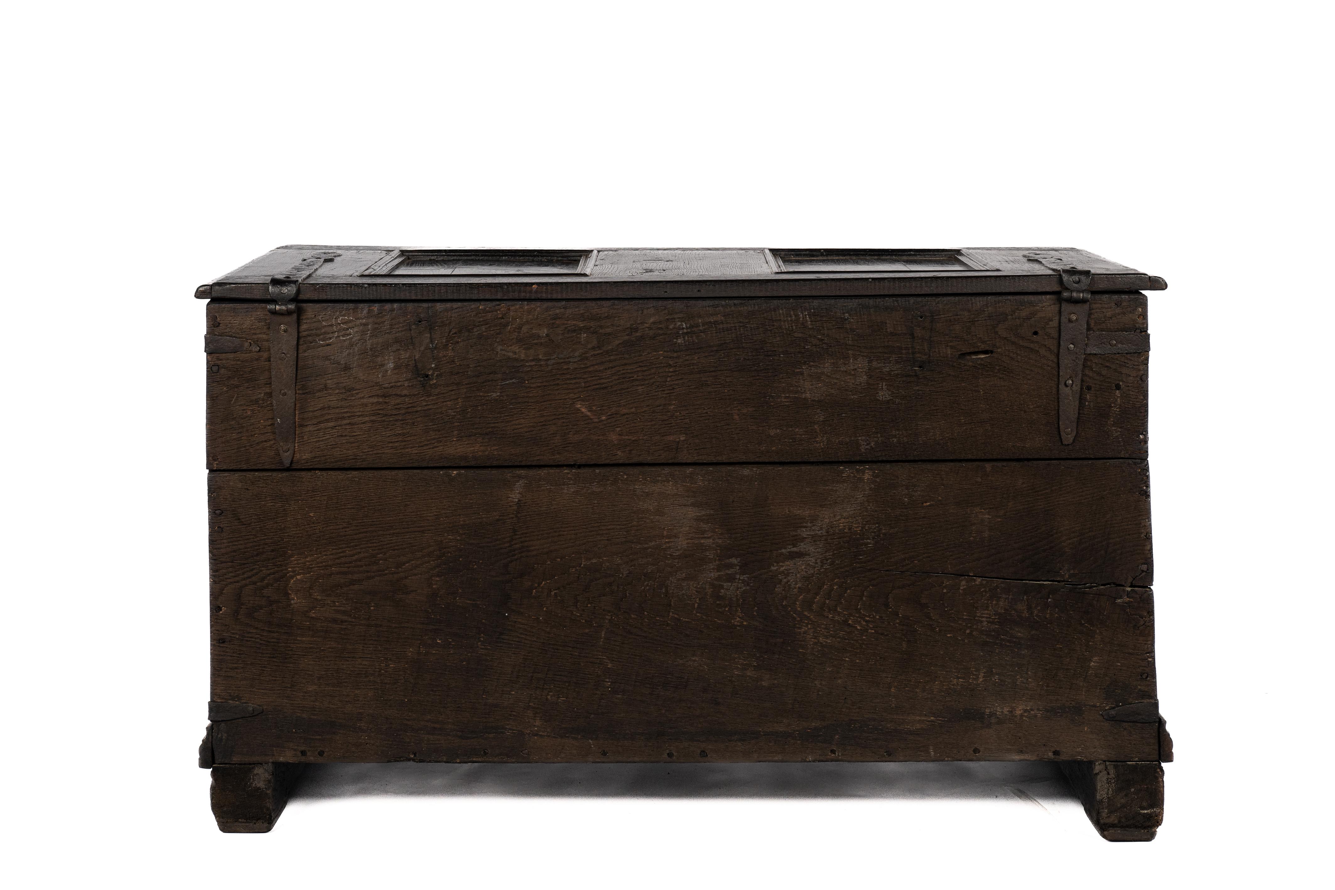 Forged  Antique late 18th century German Solid black Oak panelled trunk or coffer For Sale