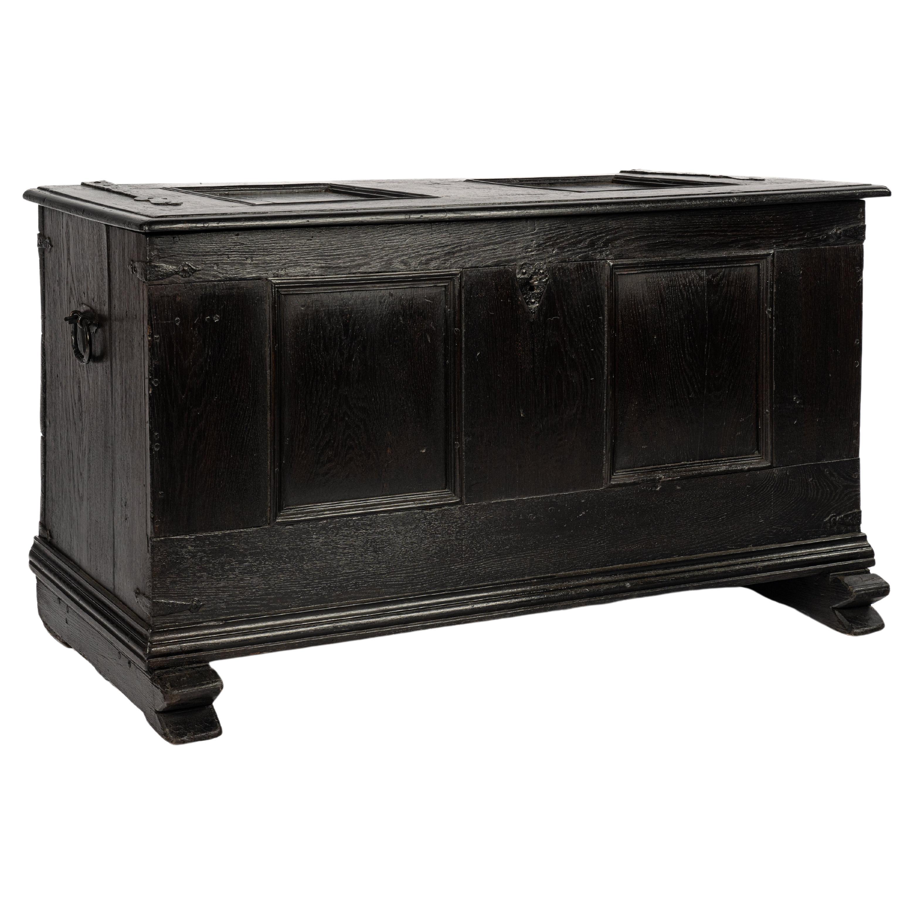  Antique late 18th century German Solid black Oak panelled trunk or coffer For Sale