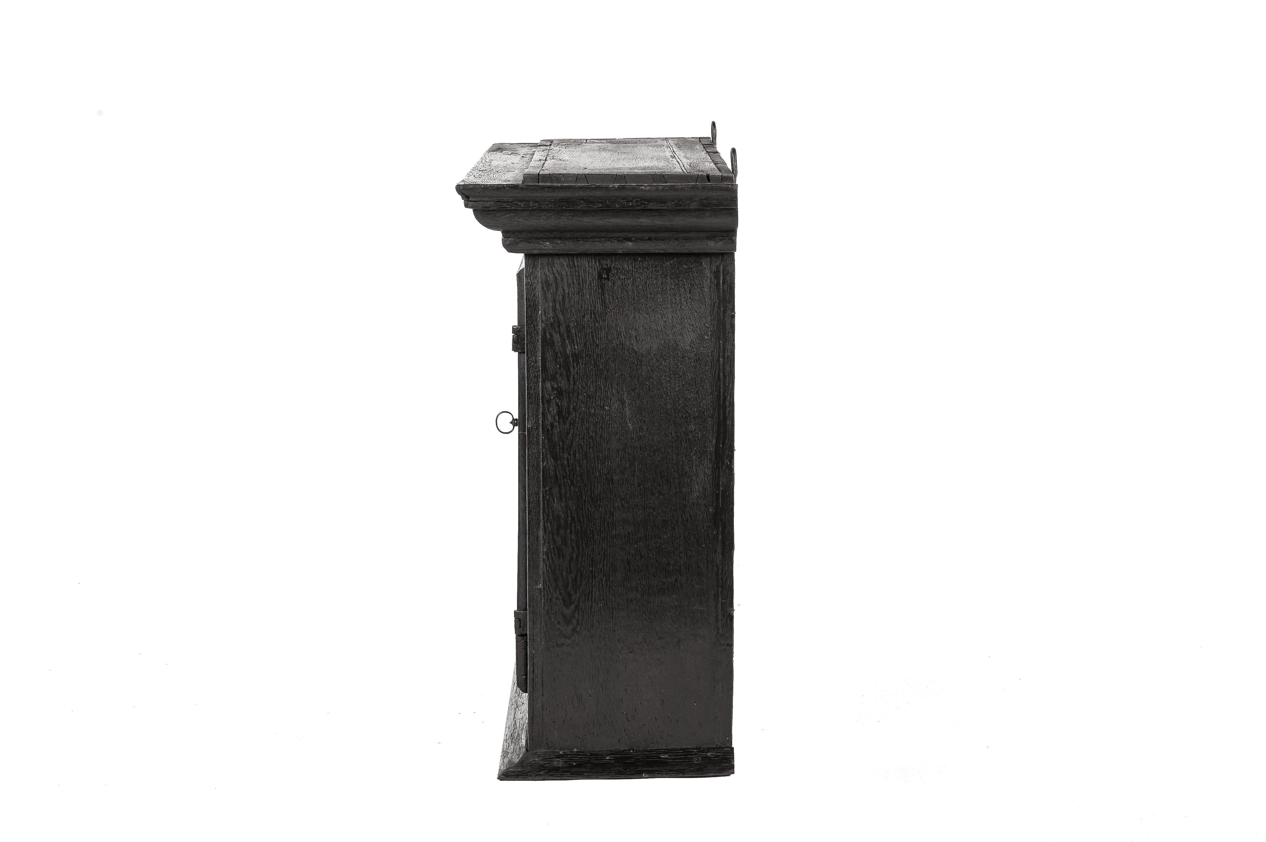 Steel Antique Late 18th Century German Solid Black Oak Wall Hanging Cabinet For Sale