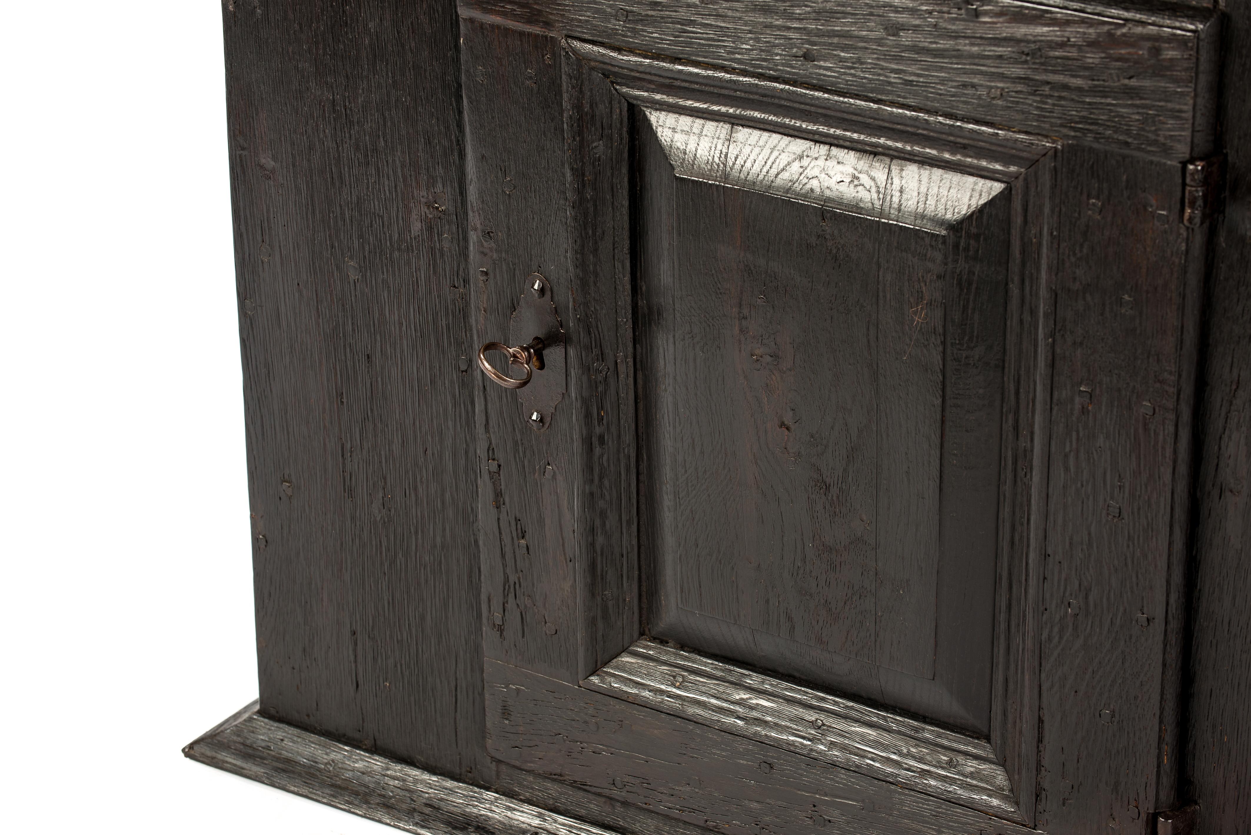 Antique Late 18th Century German Solid Black Oak Wall Hanging Cabinet For Sale 4