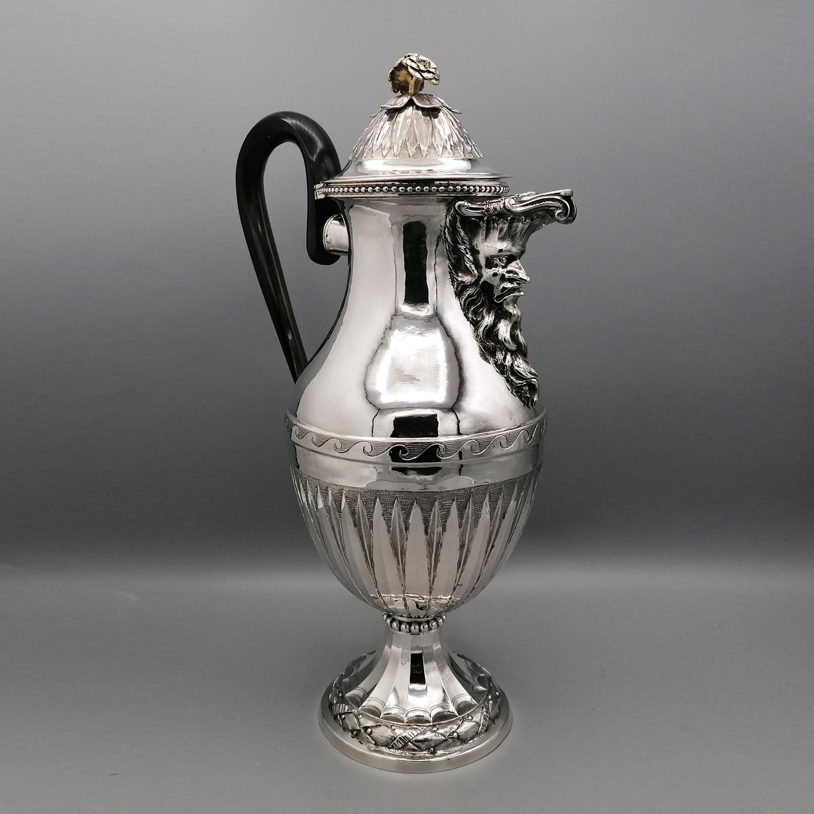 Embossed Antique Late 18th Century Italian Silver Coffeepot Empire Style, Rome, Italy For Sale