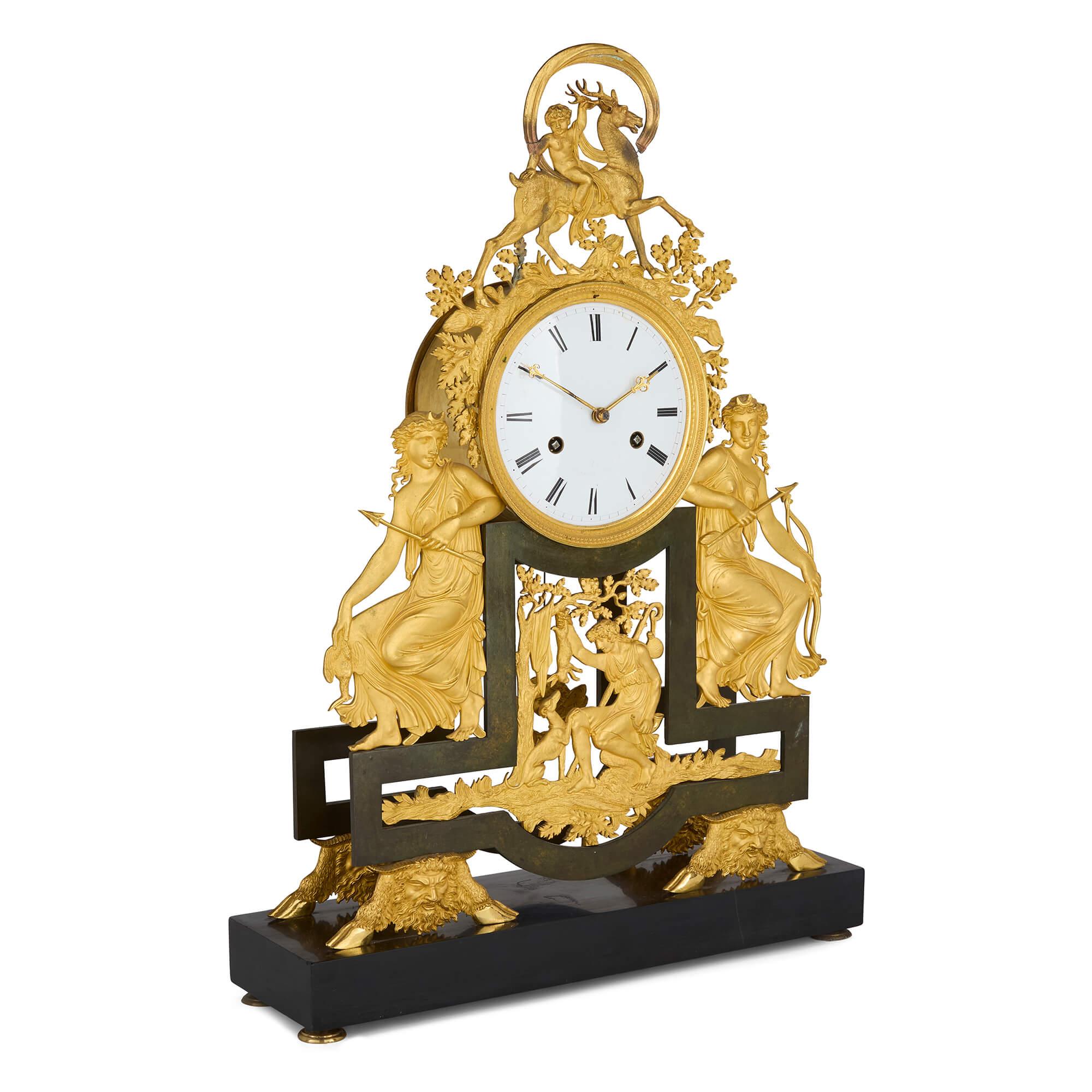 Antique Late 18th Century Louis XVI Gilt Gold Patinated Bronze Mantel Clock 
French, Late 18th Century 
Height 57cm, width 40cm, depth 12cm

A wonderful example of late 18th century craftsmanship, this refined mantel clock is fashioned from