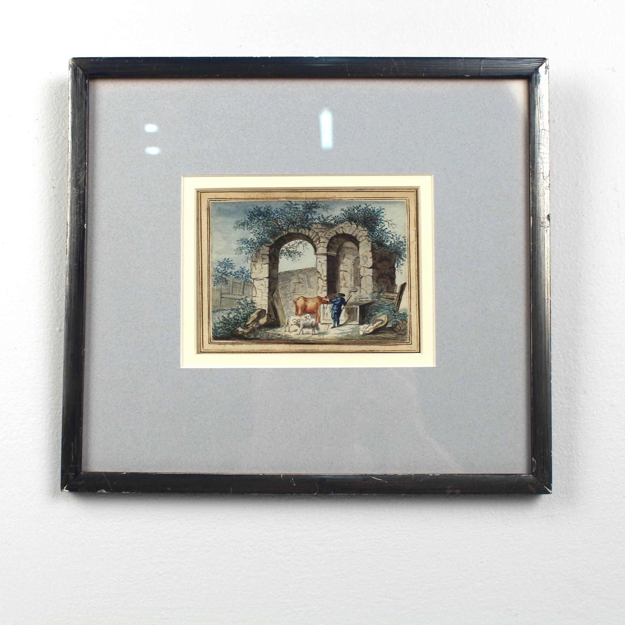 Offered here for your consideration is an antique watercolor painting on laid paper.

It depicts a cowherd with a cow and sheep at a water trough by ancient architectural ruins. The painting is adhered to secondary sheet with scribed lines (and is