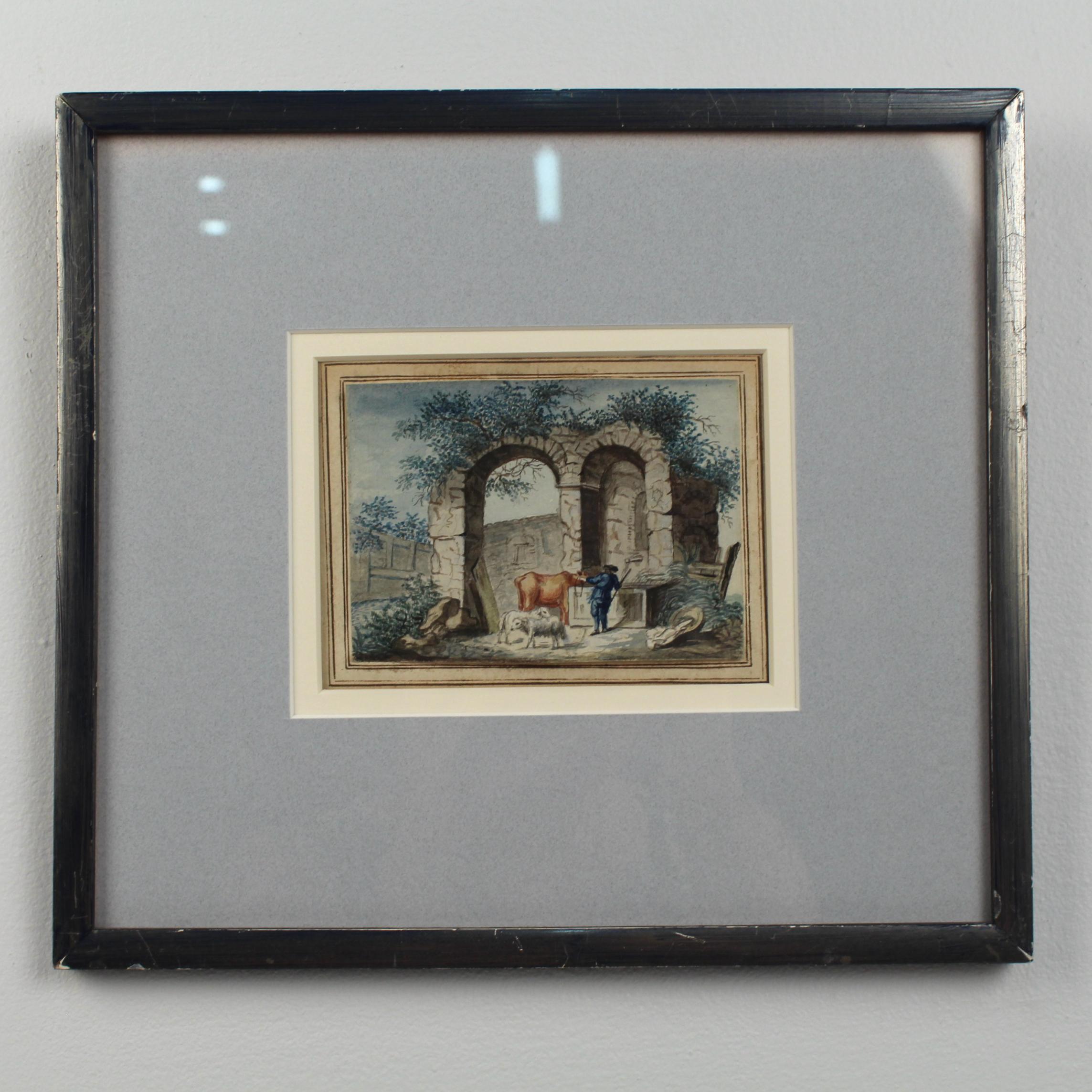 Georgian Antique Late 18th-Early 19th Century English Watercolor Painting of Ruins For Sale