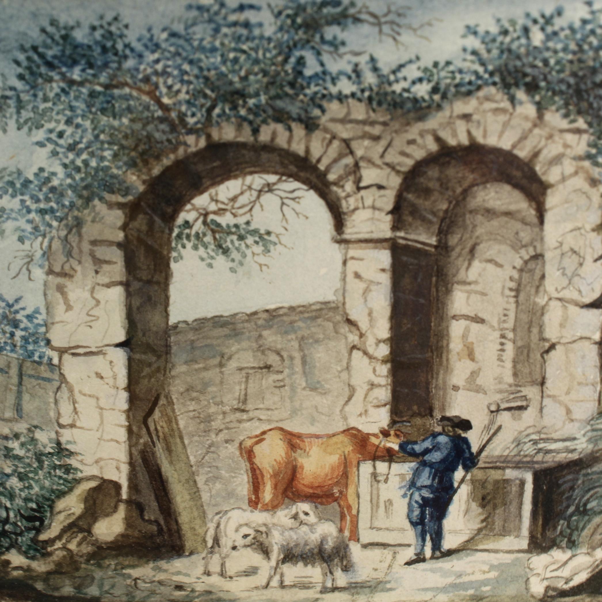European Antique Late 18th-Early 19th Century English Watercolor Painting of Ruins For Sale