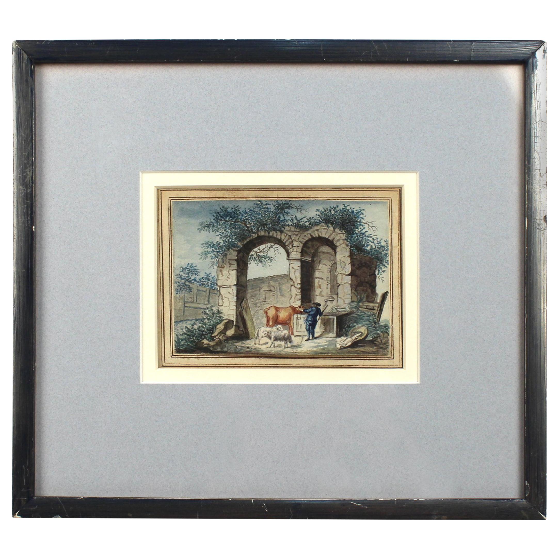 Antique Late 18th-Early 19th Century English Watercolor Painting of Ruins