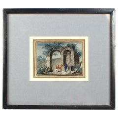 Aquarelle anglaise ancienne de la fin du 18ème, début du 19ème siècle représentant des ruines