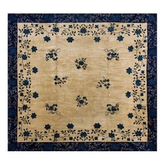 Antique Late 19th C. Camel Ground Chinese Peking Carpet w Roses 9'8" x 10'4" Rug