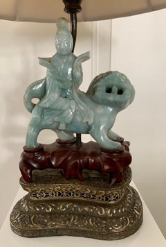 Antique Late 19th C. Chinese Carved Green Jade Foo Dog Lamp
