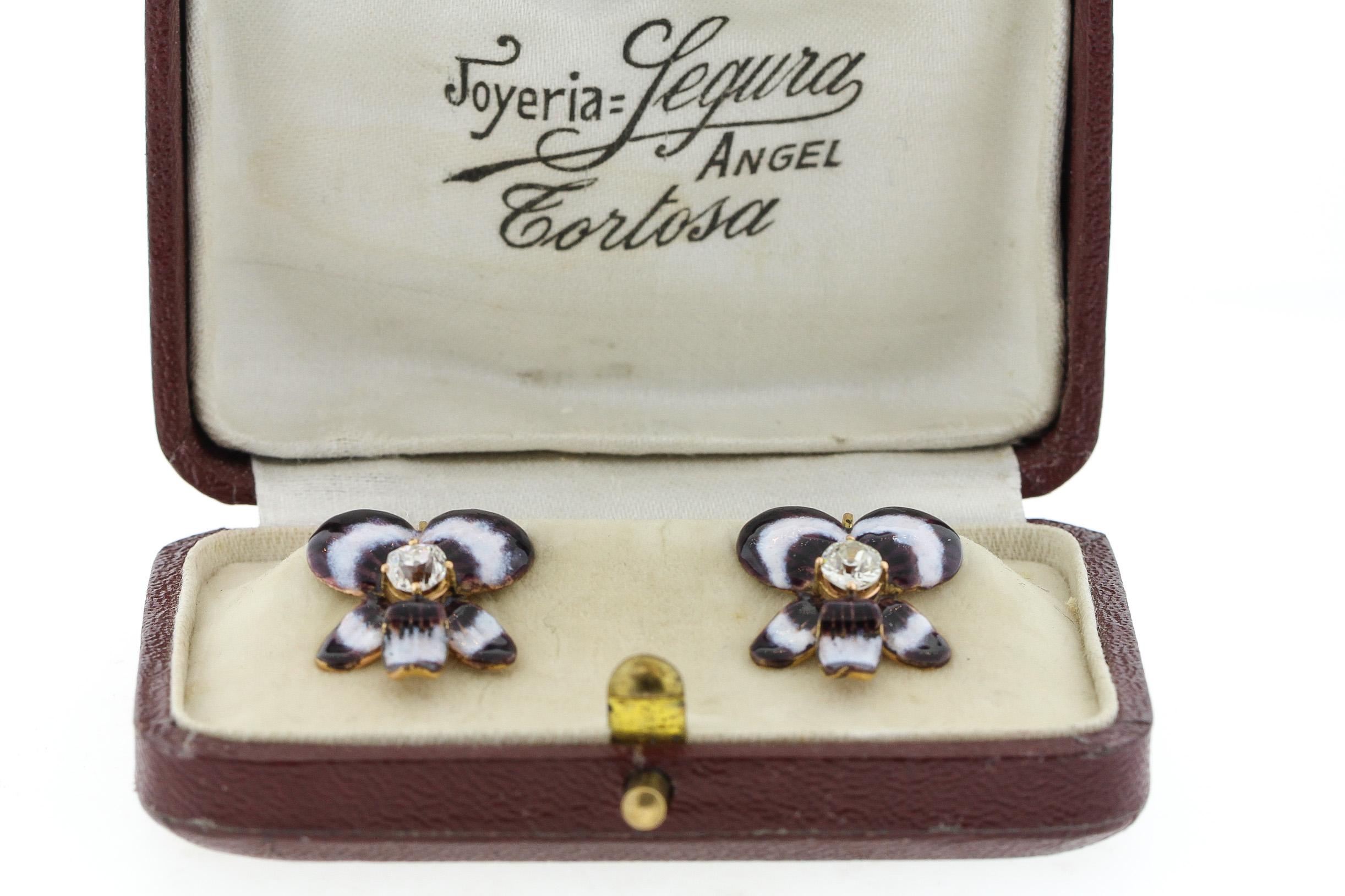 Late Victorian Antique Late 19th Century 14 Karat Gold Diamond Enamel Pansy Earrings