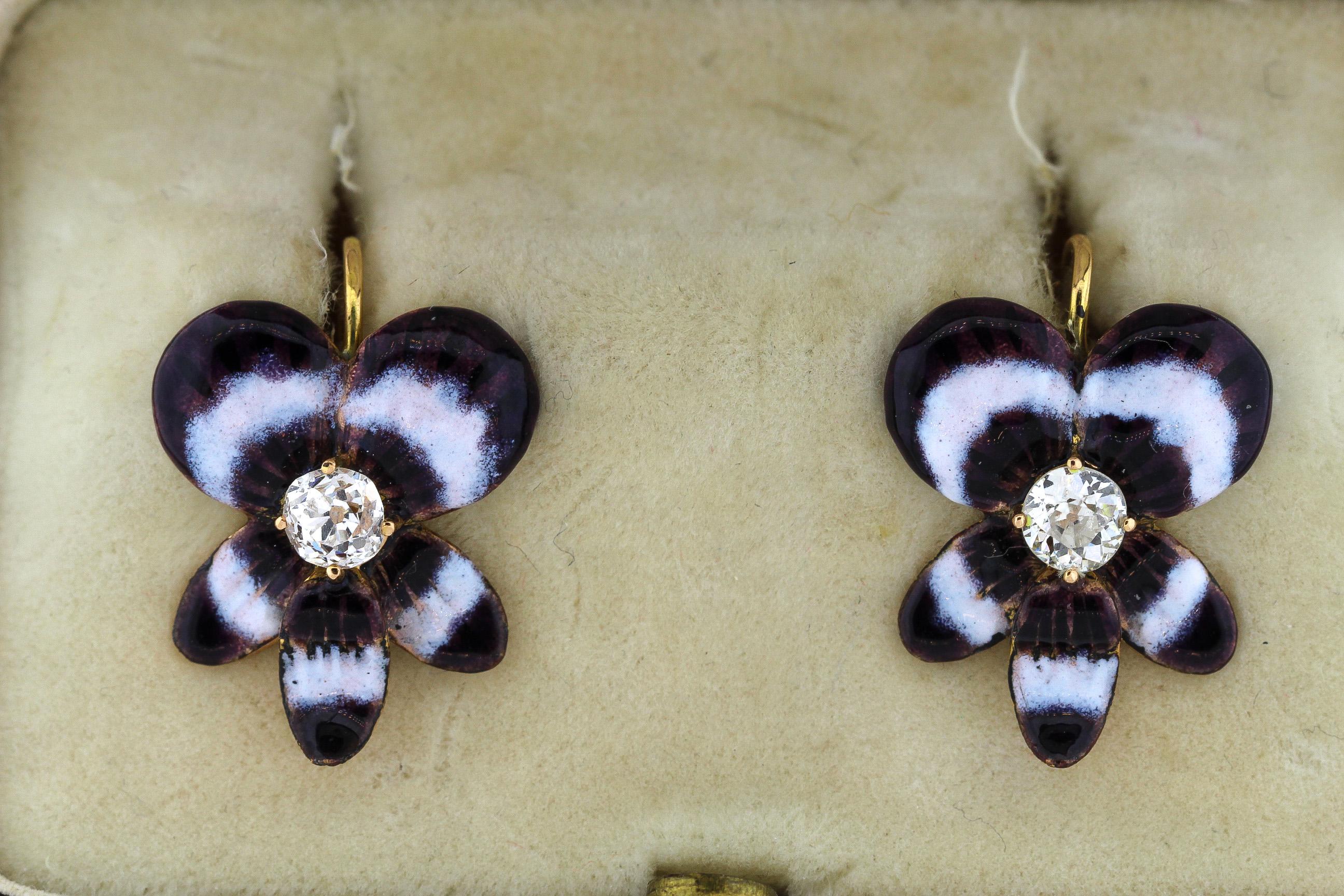 Old European Cut Antique Late 19th Century 14 Karat Gold Diamond Enamel Pansy Earrings