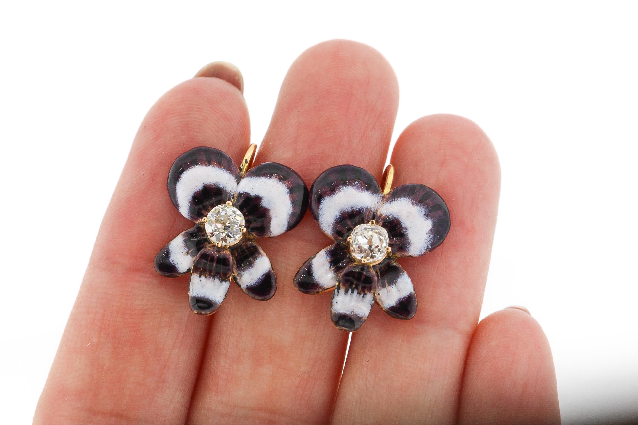 Women's Antique Late 19th Century 14 Karat Gold Diamond Enamel Pansy Earrings