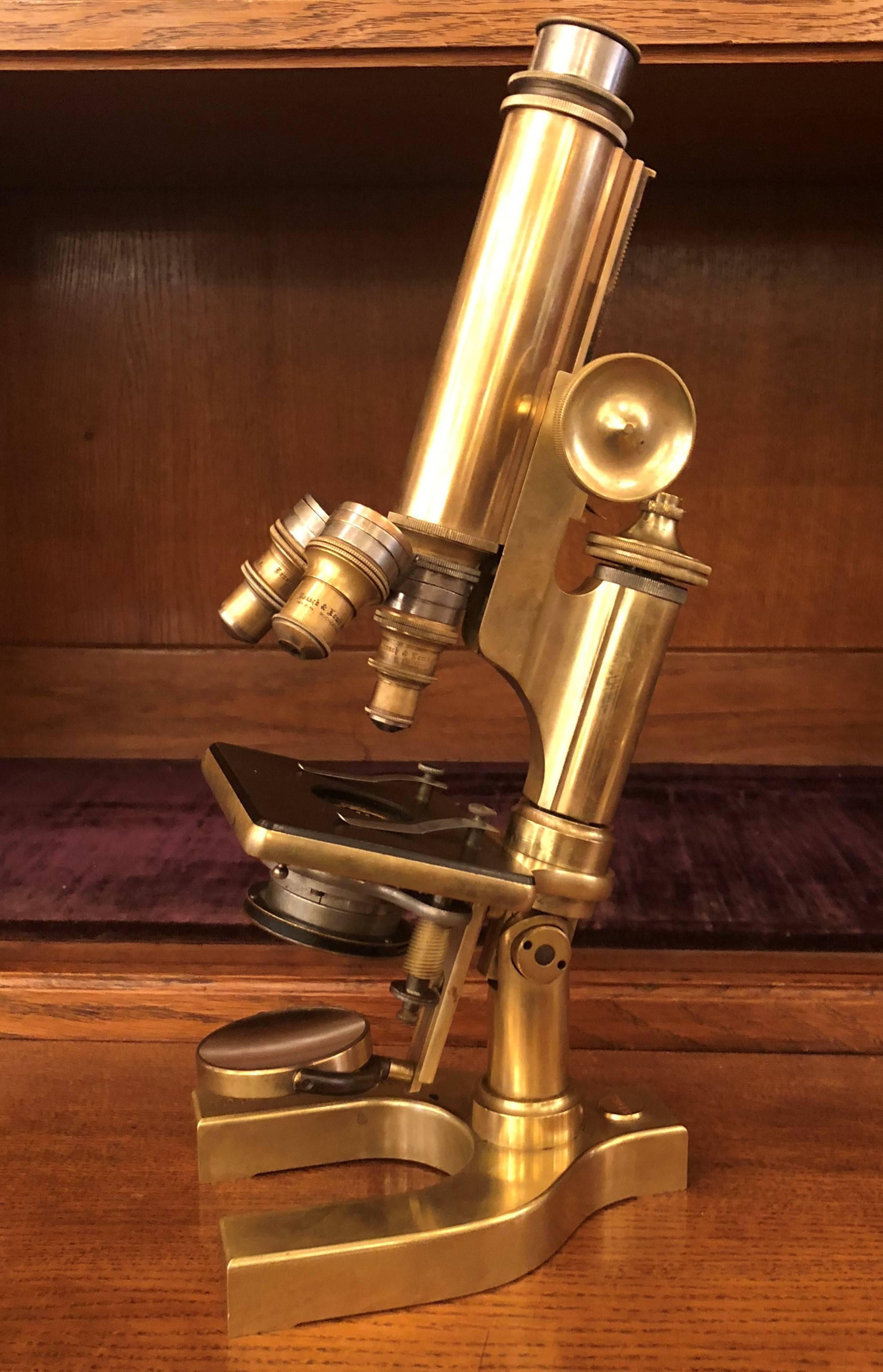 Antique 19th century American compound monocular microscope signed Bausch and Lomb Co., circa 1890.