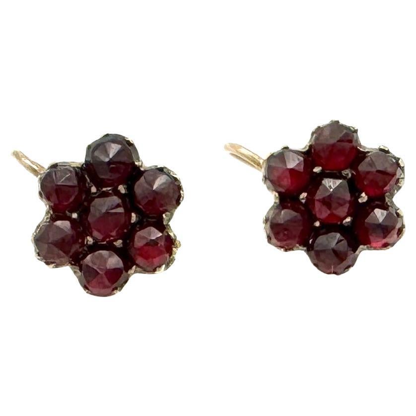 Antique Late 19th Century Bohemian Garnet Drop Earrings Flowers Silver Gilt