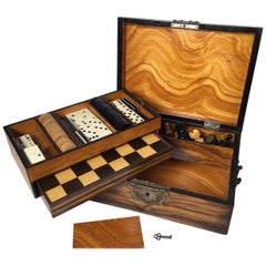 Antique Late 19th Century Burled Walnut Gaming Box with Pieces