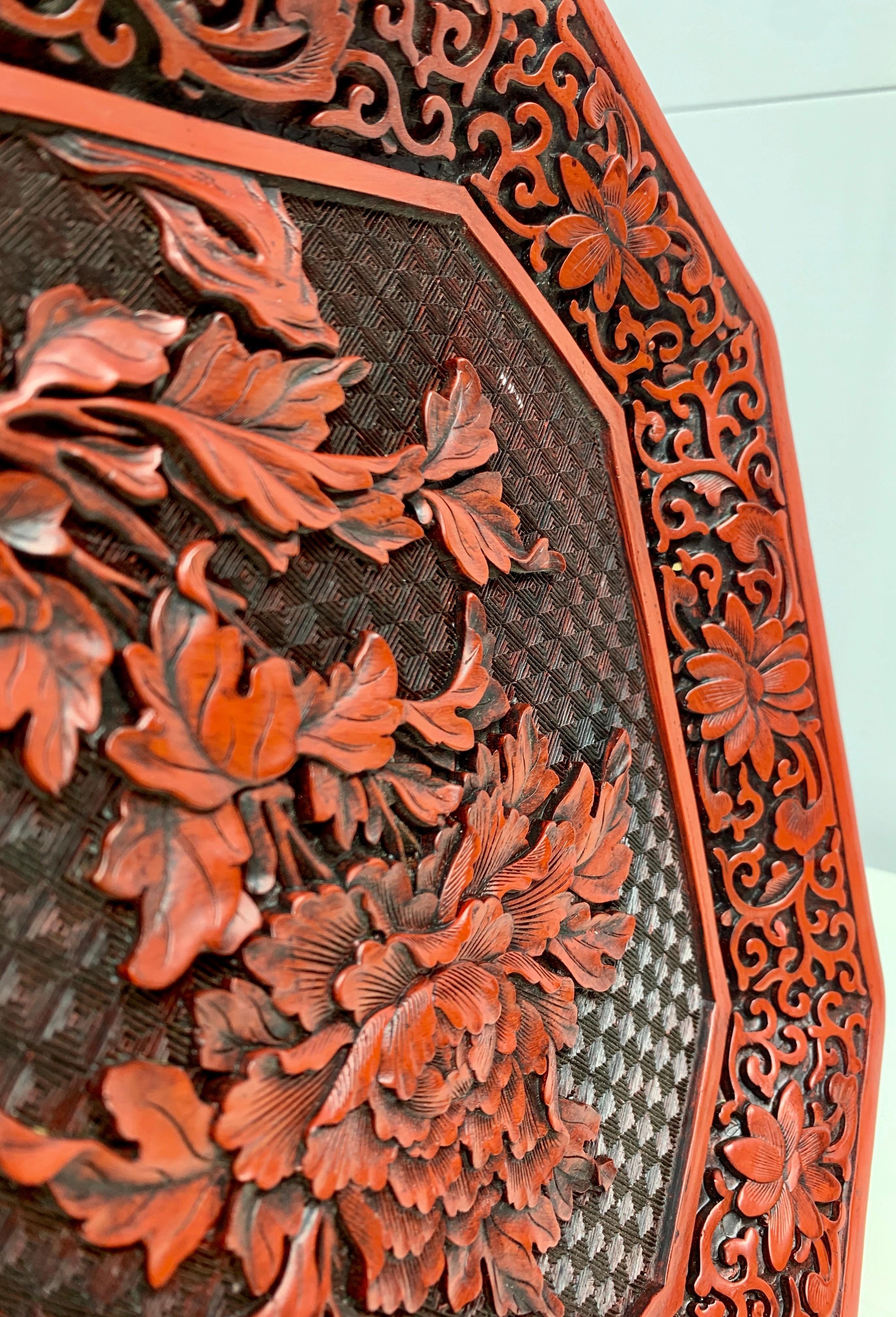 Antique Late 19th Century Chinese Lacquer Cinnabar Carved Tray In Good Condition In New Orleans, LA