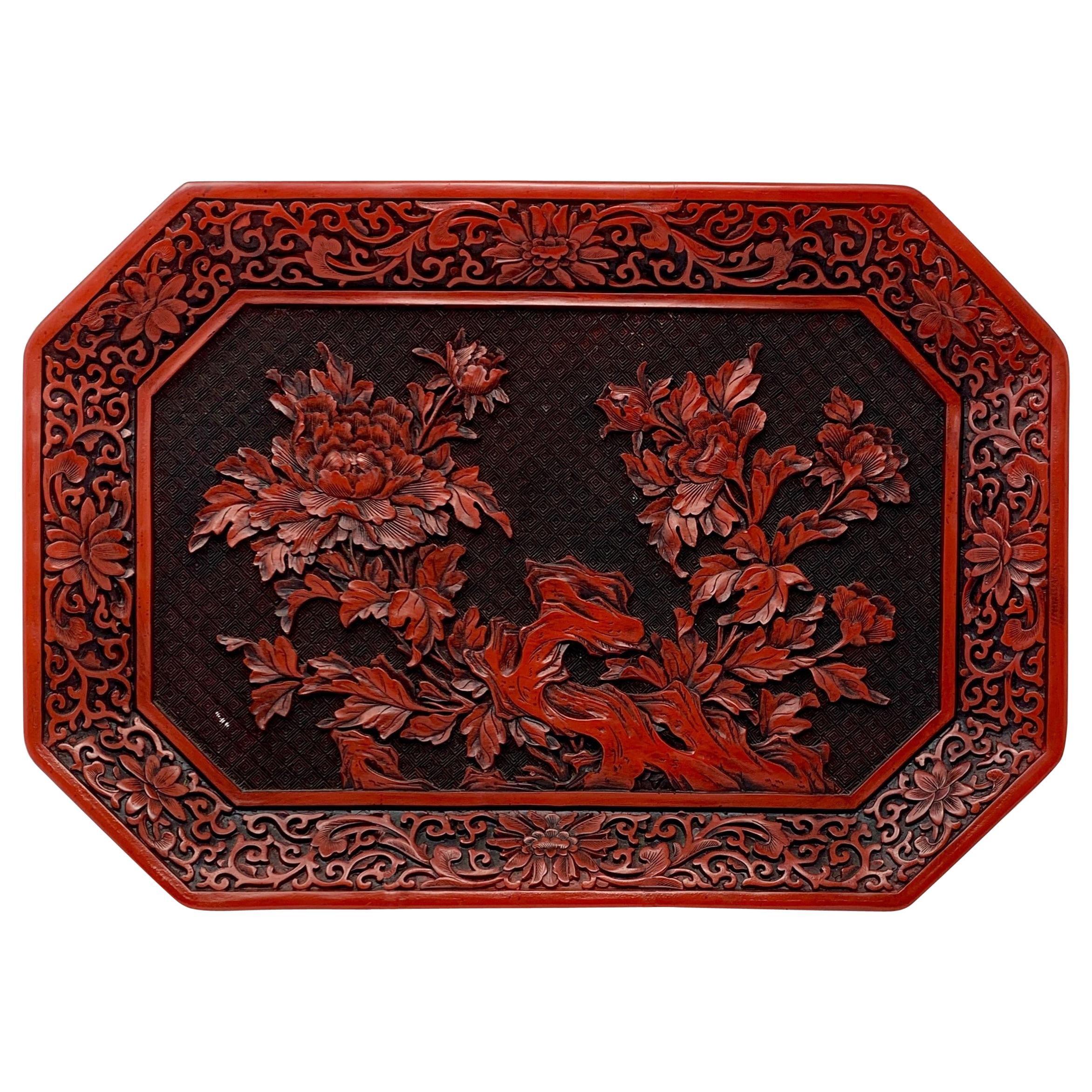 Antique Late 19th Century Chinese Lacquer Cinnabar Carved Tray