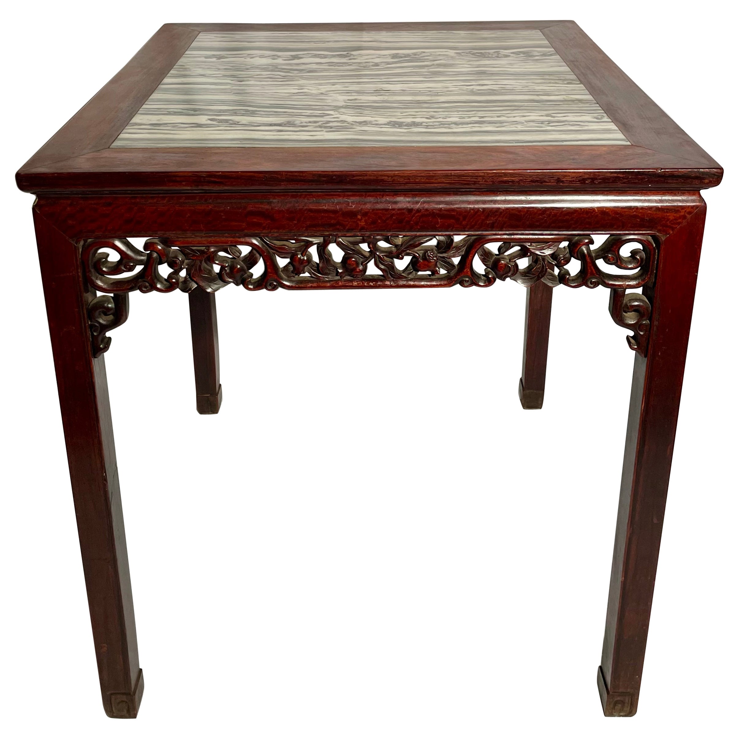 Ancienne table chinoise de la fin du 19ème siècle en teck avec plateau en marbre, vers les années 1890.