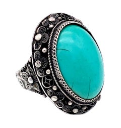 Antique Late 19th Century Chinese Turquoise Oval Cabochon Ring
