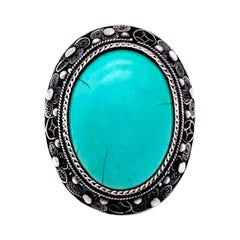 Anillo antiguo de cabujón ovalado de turquesa china de finales del siglo XIX