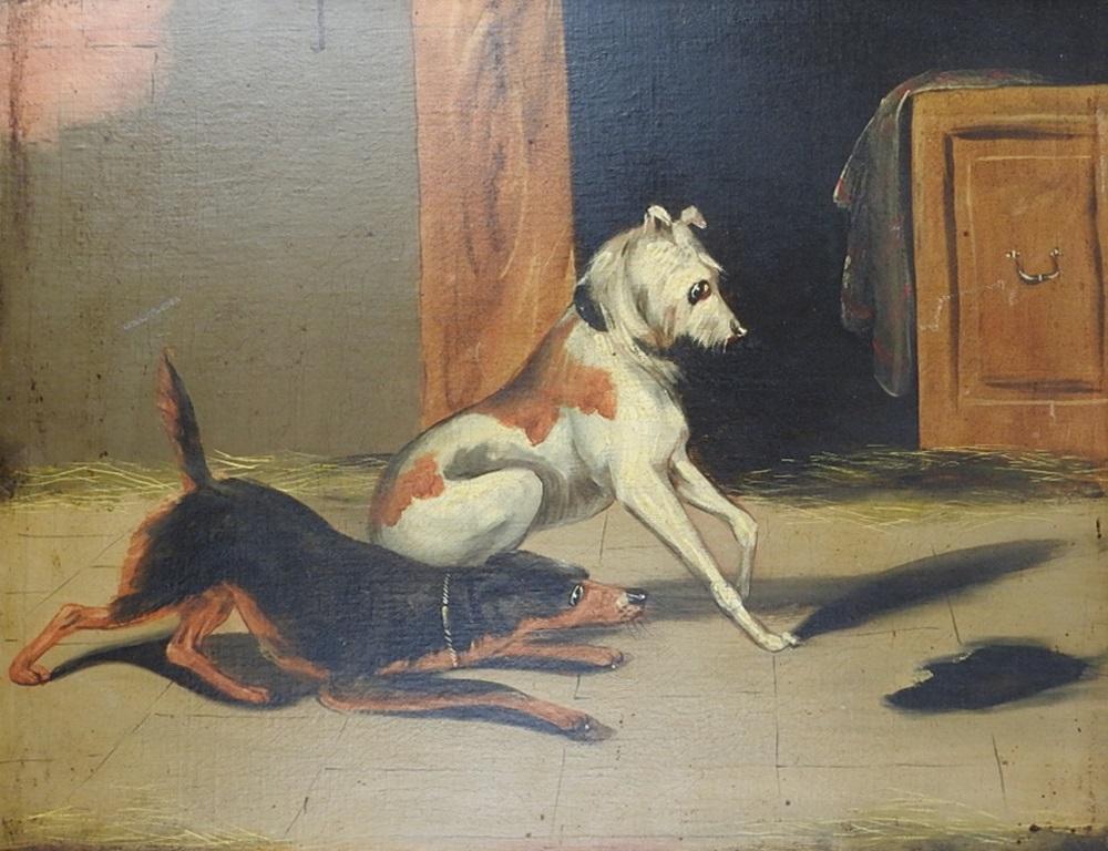 Ancienne peinture à l'huile sur toile de la fin du 19e siècle représentant deux chiens effrayés par leurs ombres dans une grange.  Non signée, elle a été retirée de ses châssis d'origine et fixée sur un carton épais.  Présentée dans un cadre en bois