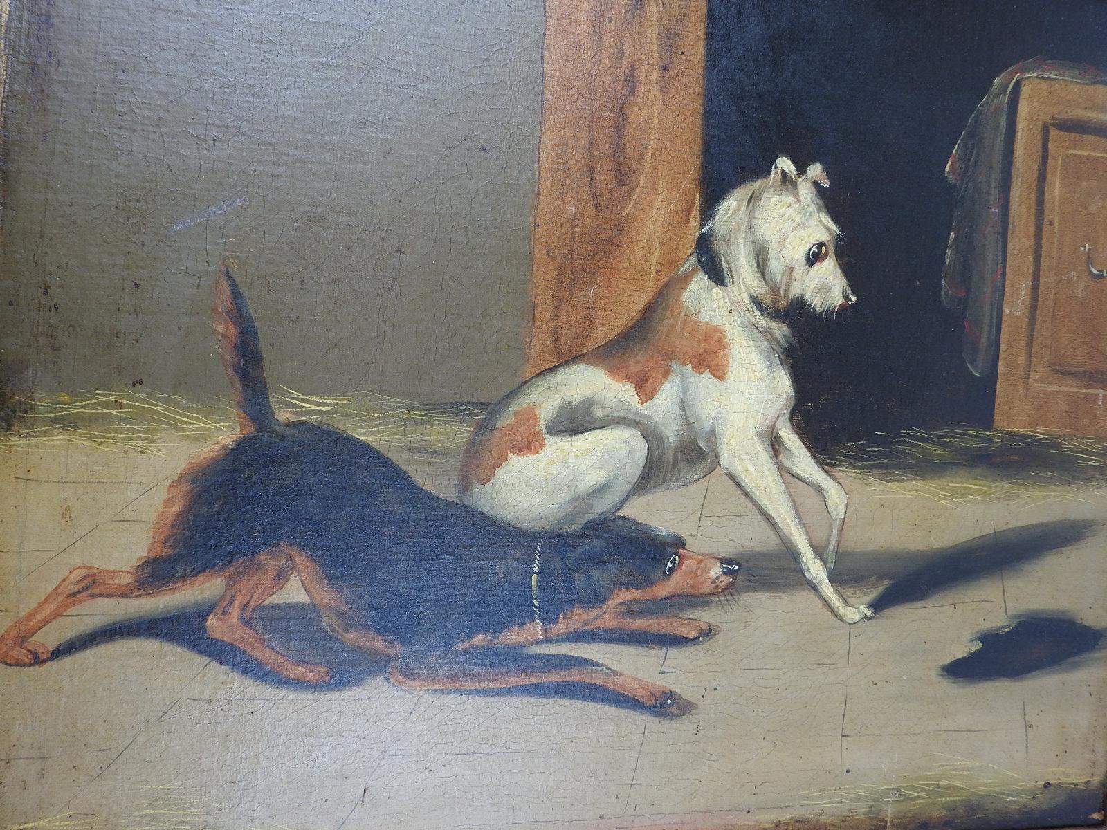 Rustique Antiquités de la fin du 19e siècle, peinture de chiens dans une grange en vente