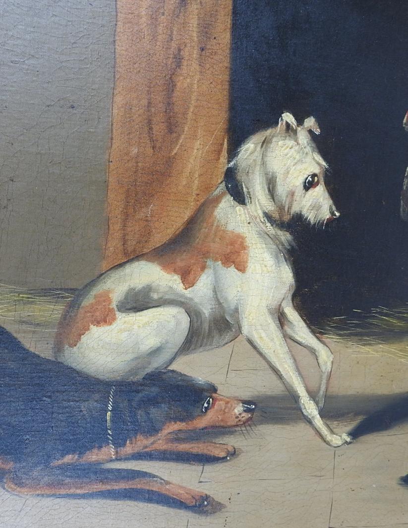 Unknown Antique Late 19th Century Dogs in Barn Painting For Sale