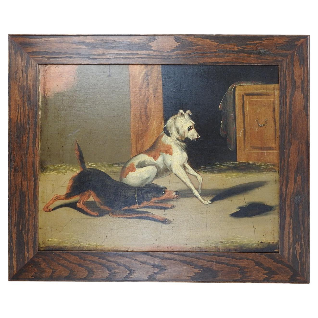 Antiquités de la fin du 19e siècle, peinture de chiens dans une grange en vente
