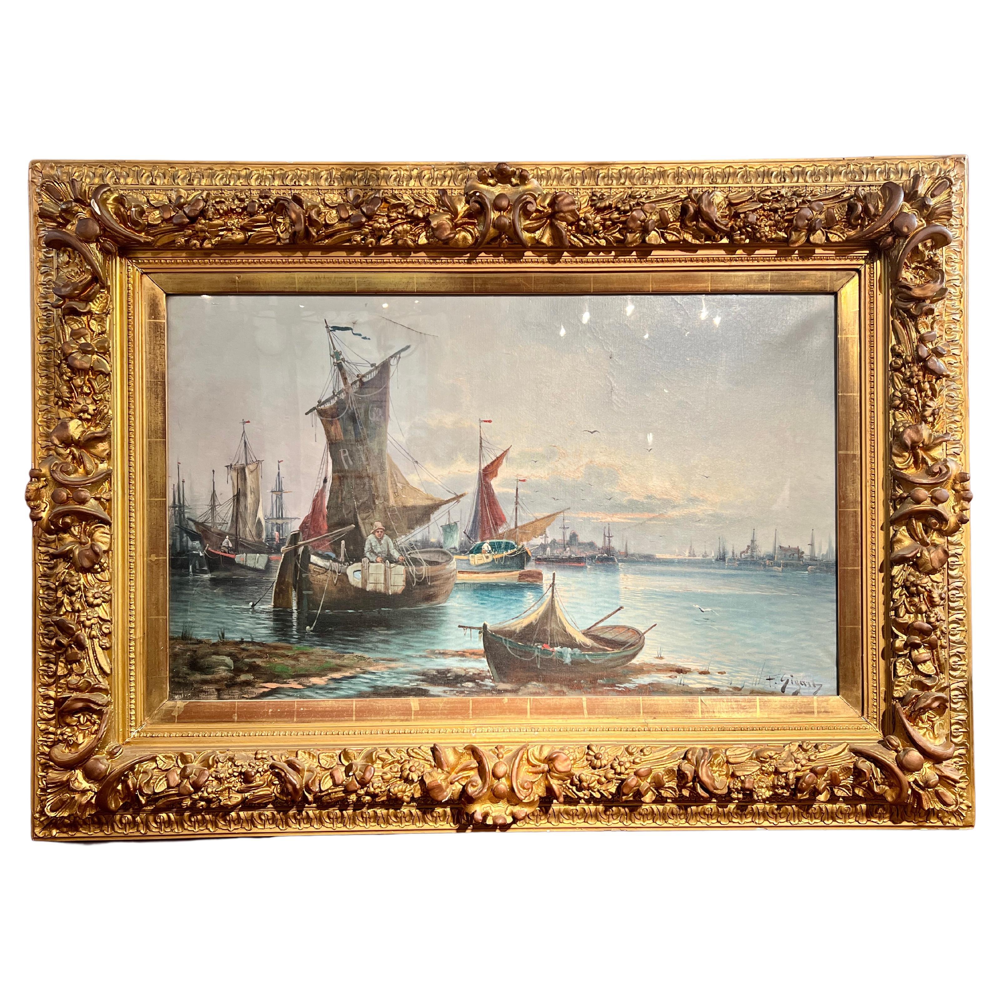 Antique Late 19th Century Dutch Framed Oil On Canvas Seascape Painting.  For Sale
