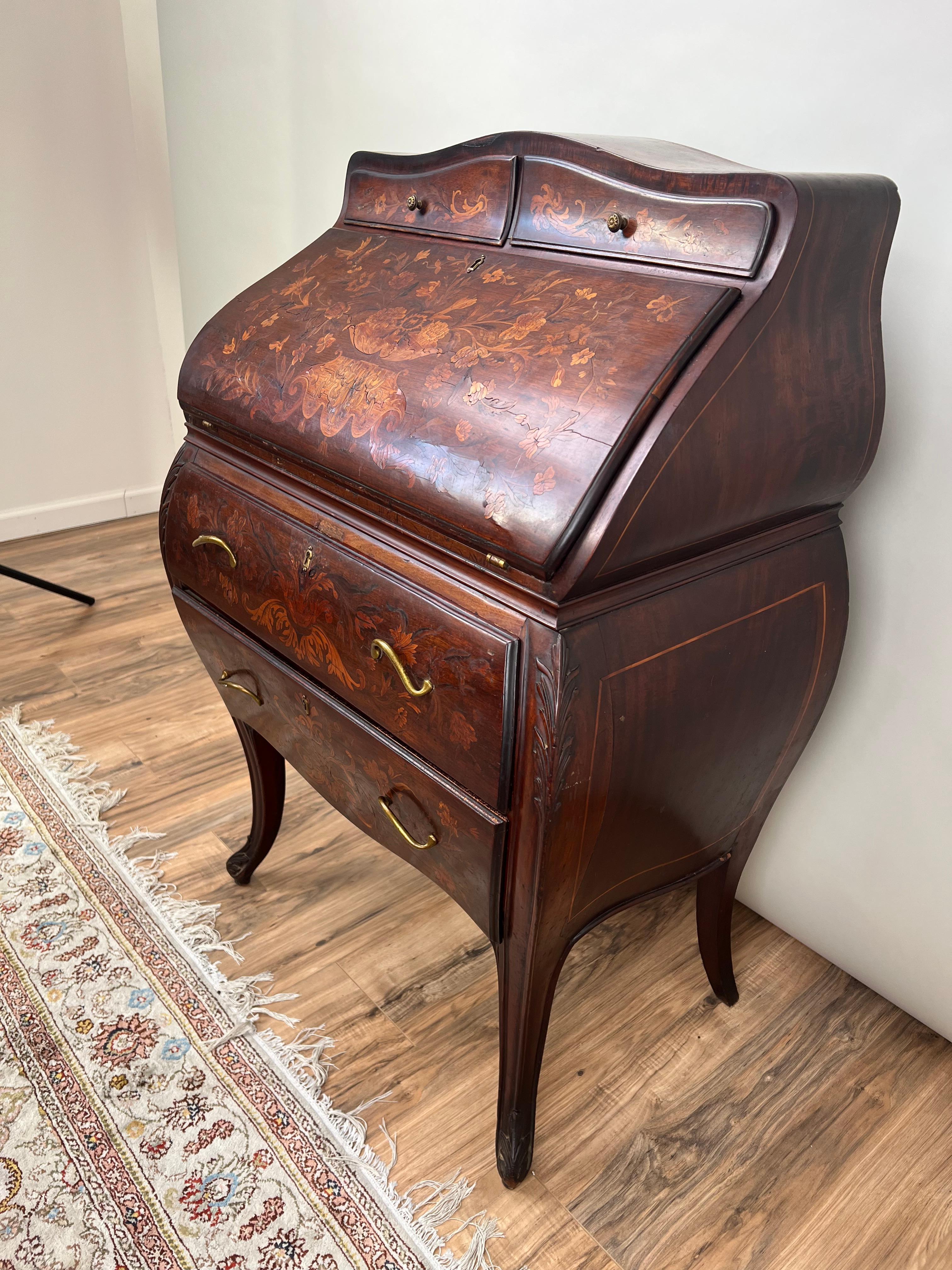 Antique Late 19th Century Dutch Marquetry Ladies Writing Desk In Fair Condition In Westfield, MA